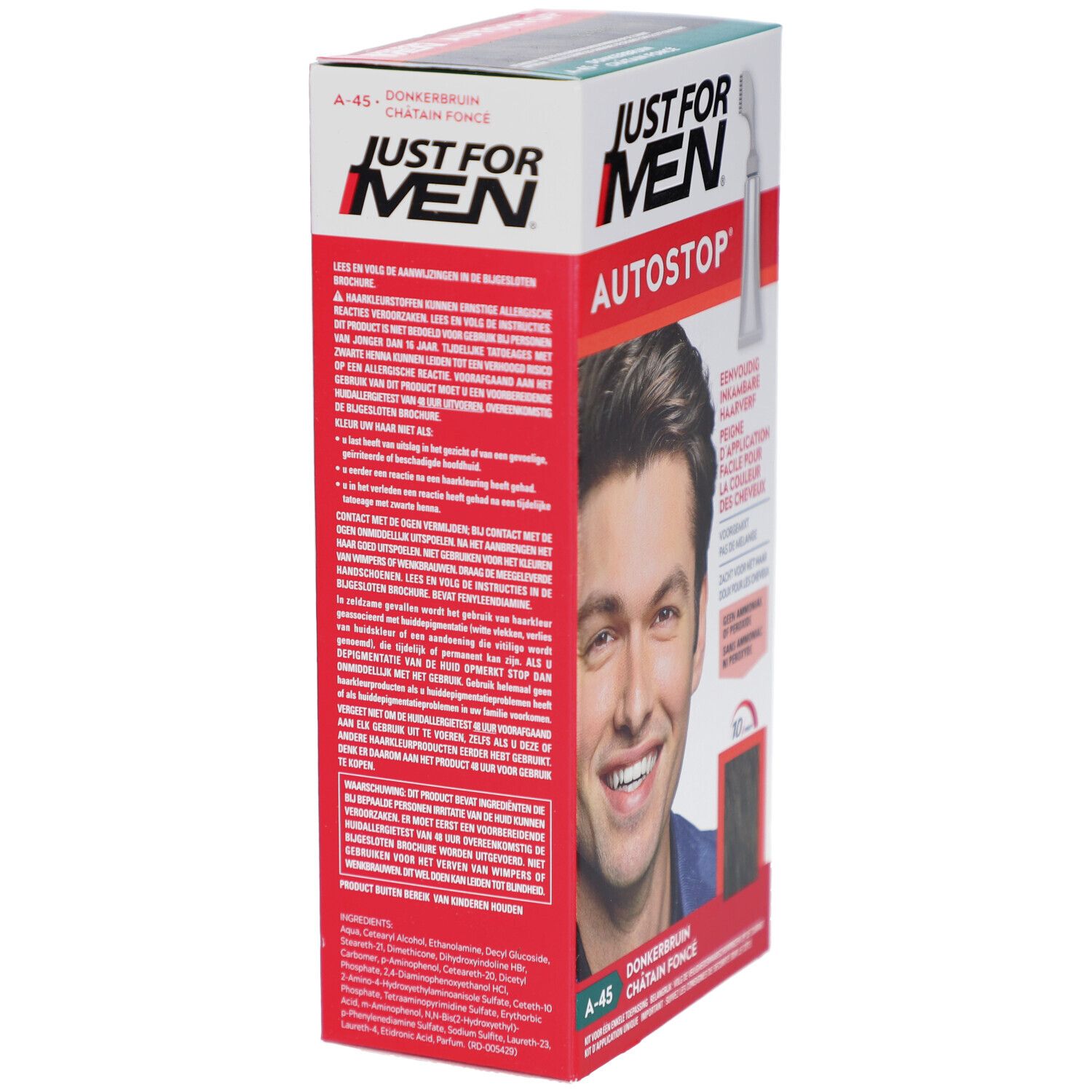 Vue latérale de la boîte Just For Men Autostop. Texte multilingue. Image d'un homme. Contient des informations d'utilisation.