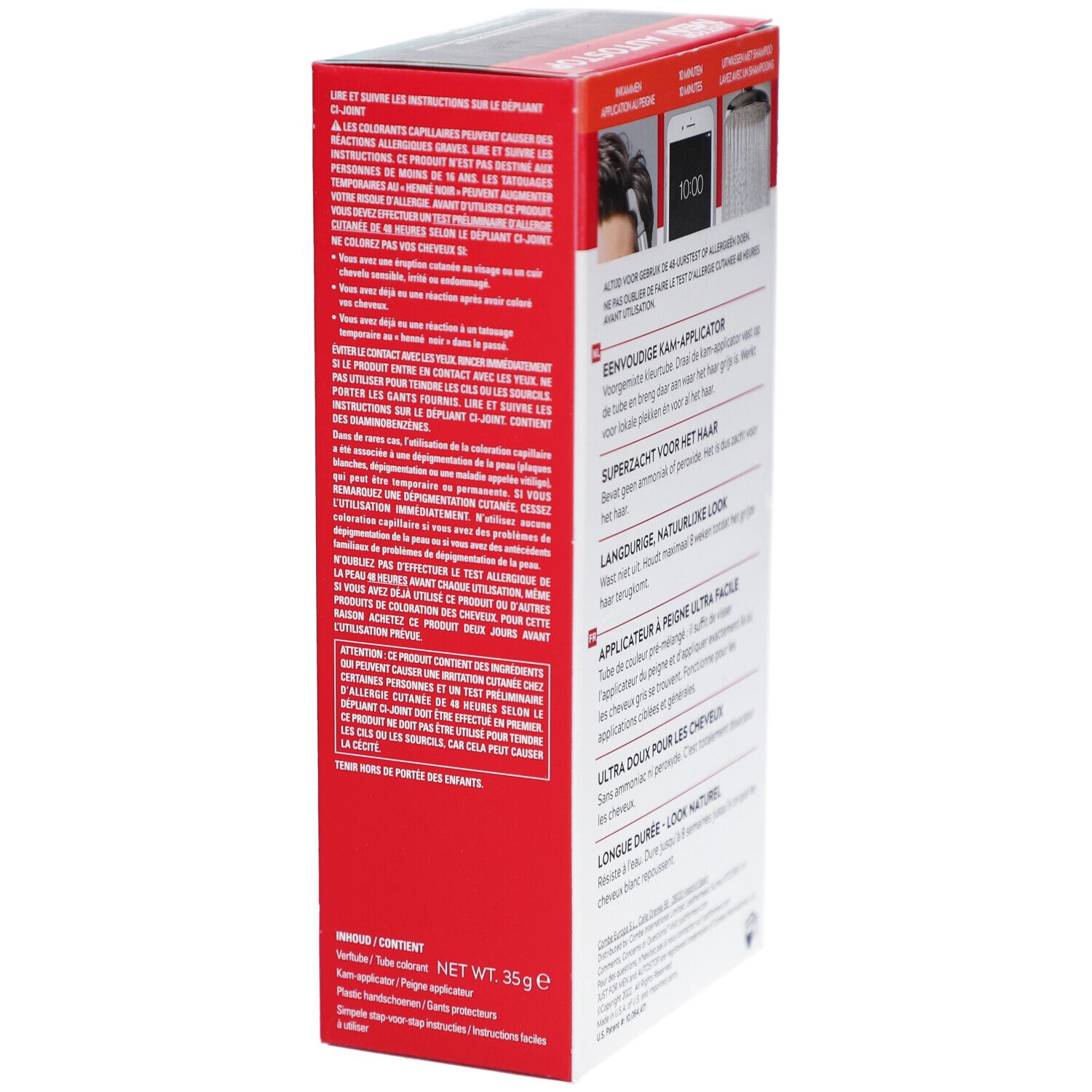 Vue latérale de la boîte Just For Men Autostop. Texte multilingue. Contient des informations d'utilisation et des ingrédients.