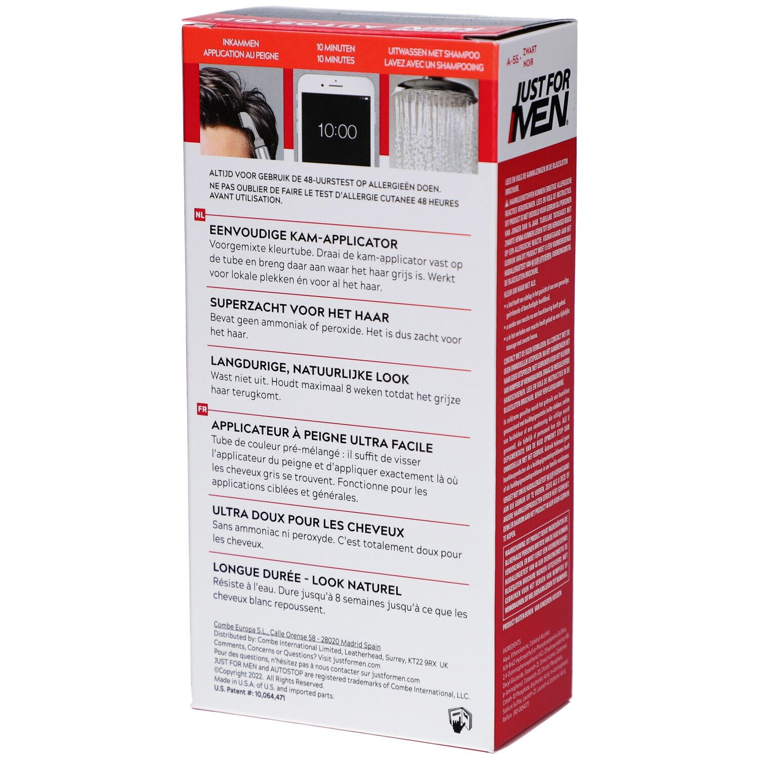 Dos de l'emballage Just For Men Autostop Color Noir A-55. Contient des instructions et des informations sur le produit en plusieurs langues.