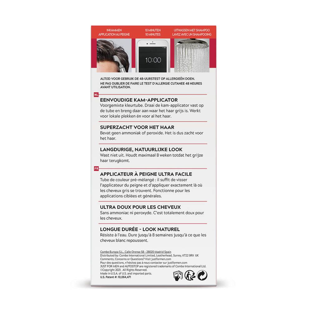 Emballage de teinture capillaire avec applicateur peigne et instructions d'application.