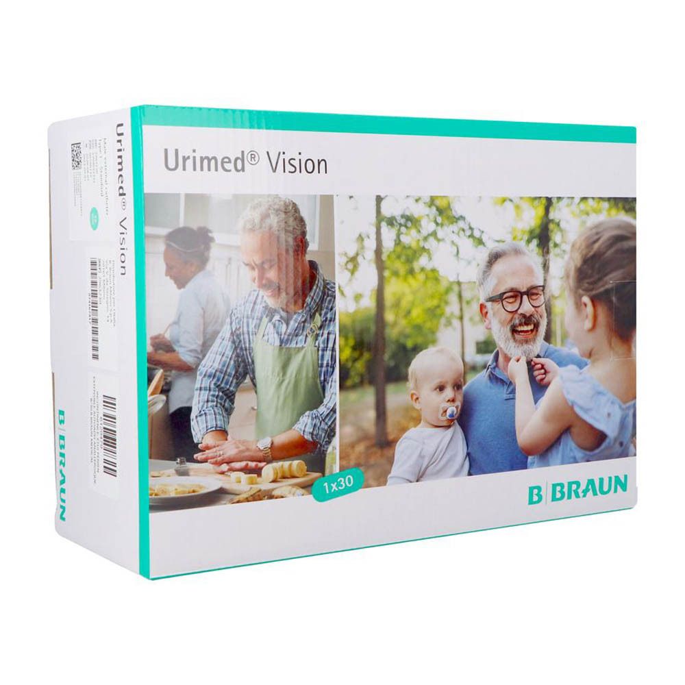 Boîte Urimed® Vision. Impression: 1x30. Logo B. Braun. Images de personnes. Emballage vert et blanc.
