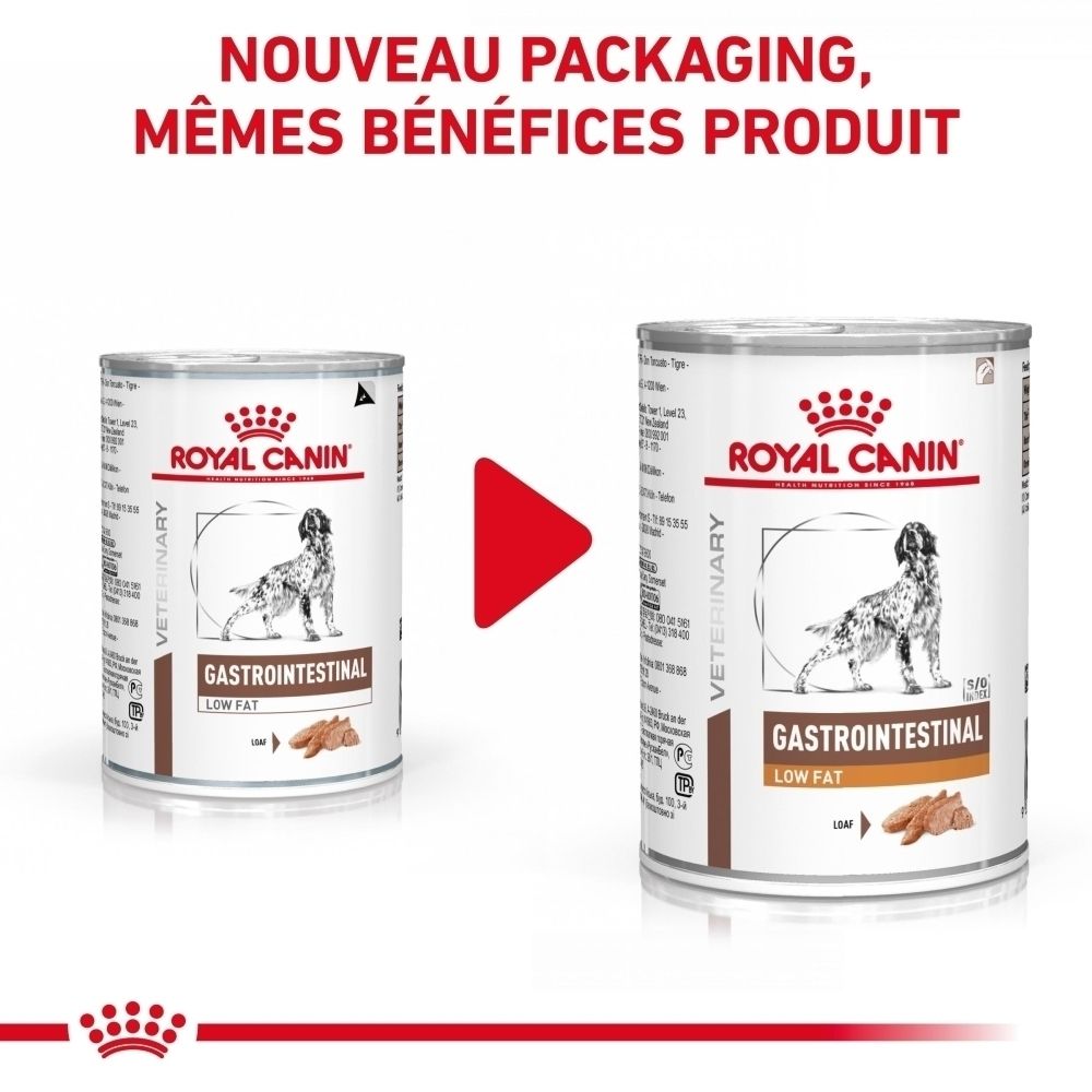Une boîte de ROYAL CANIN® GASTROINTESTINAL LOW FAT Mousse avec image de chien.