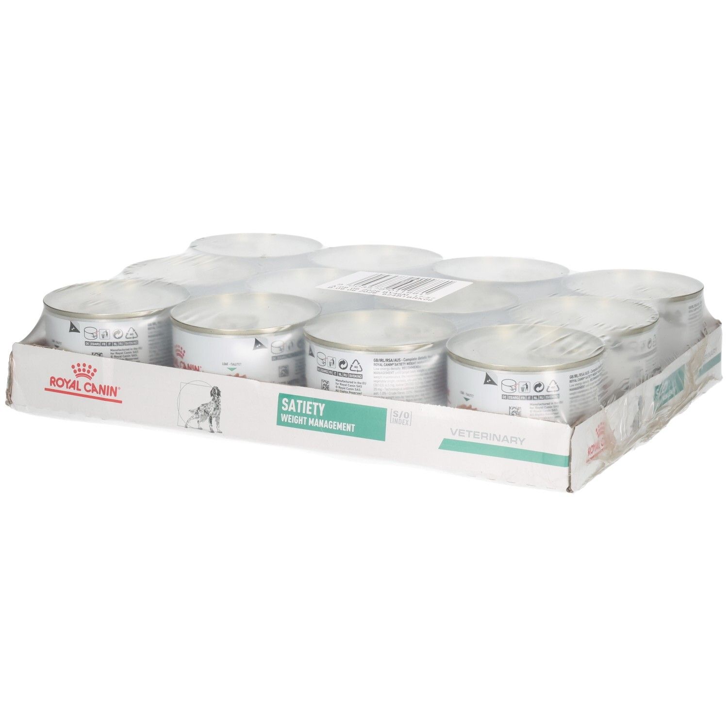 Douze boîtes de nourriture Royal Canin Satiety Weight Management pour animaux dans leur emballage de vente.