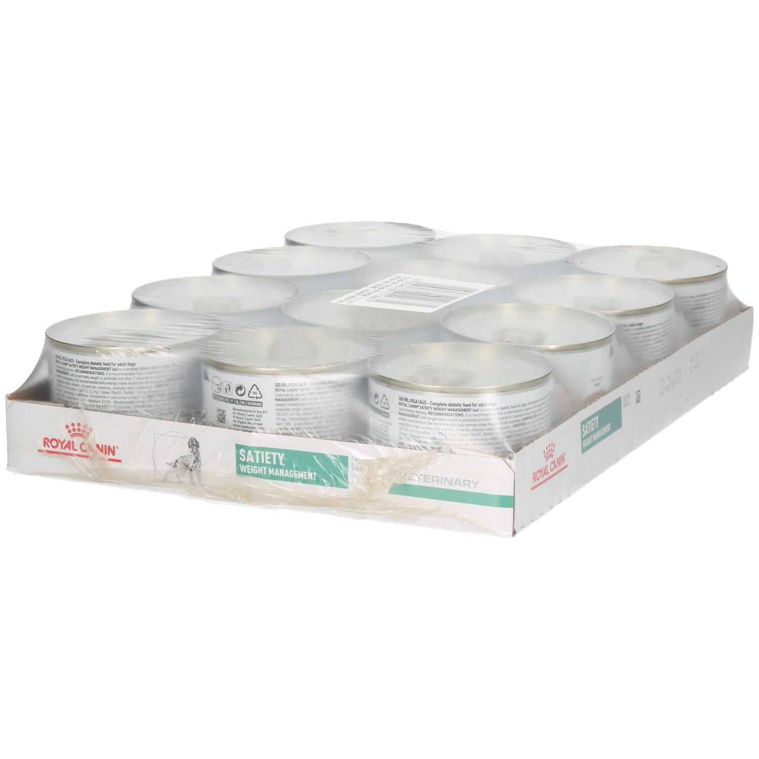 Douze boîtes de nourriture Royal Canin Satiety Weight Management pour animaux dans leur emballage de vente.