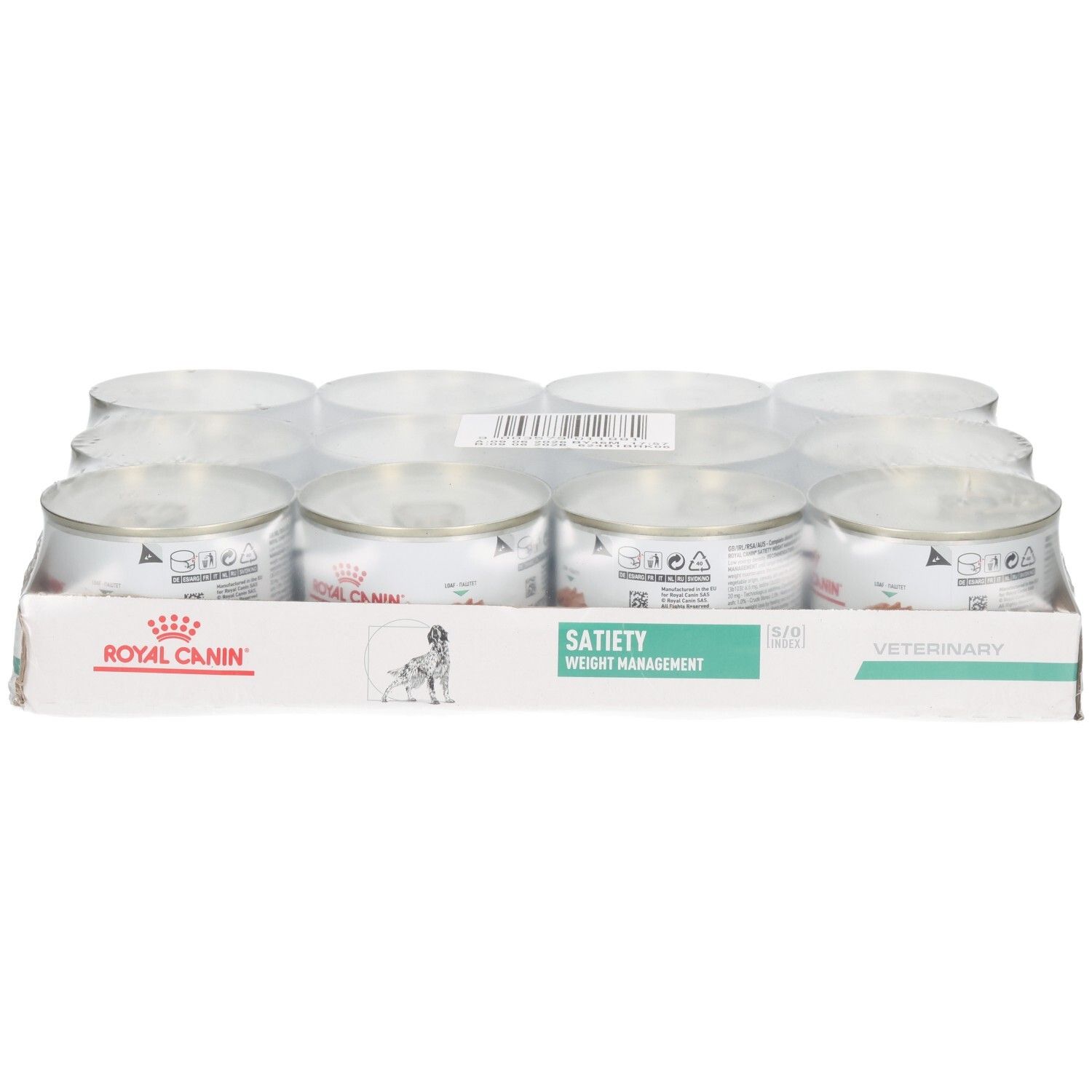 Douze boîtes de nourriture Royal Canin Satiety Weight Management pour animaux dans leur emballage de vente.