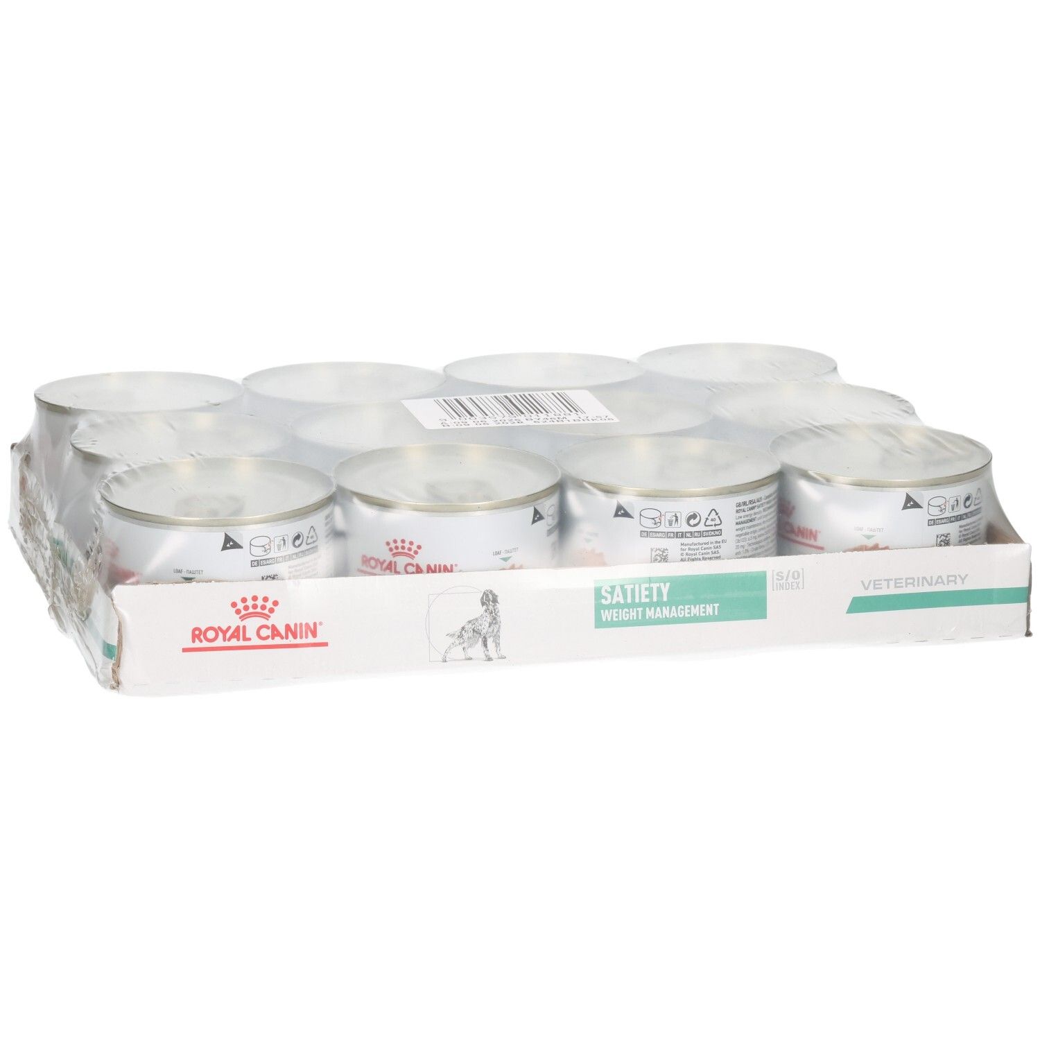 Douze boîtes de nourriture Royal Canin Satiety Weight Management pour animaux dans leur emballage de vente.