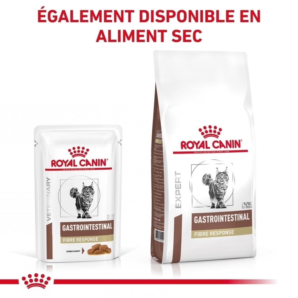 Croquettes Royal Canin Gastrointestinal Fibre Response pour chats, en sachet et en sac.
