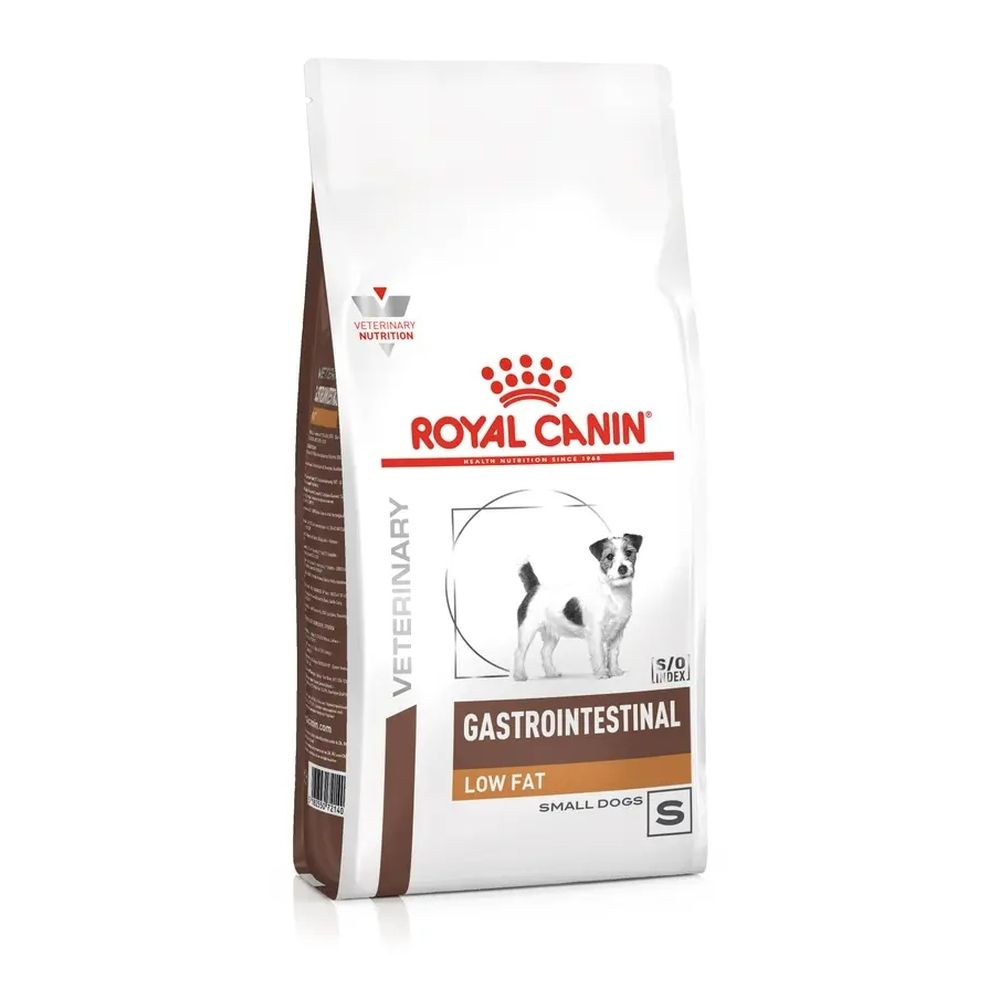 Croquettes Royal Canin VET-D GI Low Fat SD 8kg pour chien. Sac avec image de chien et informations produit.