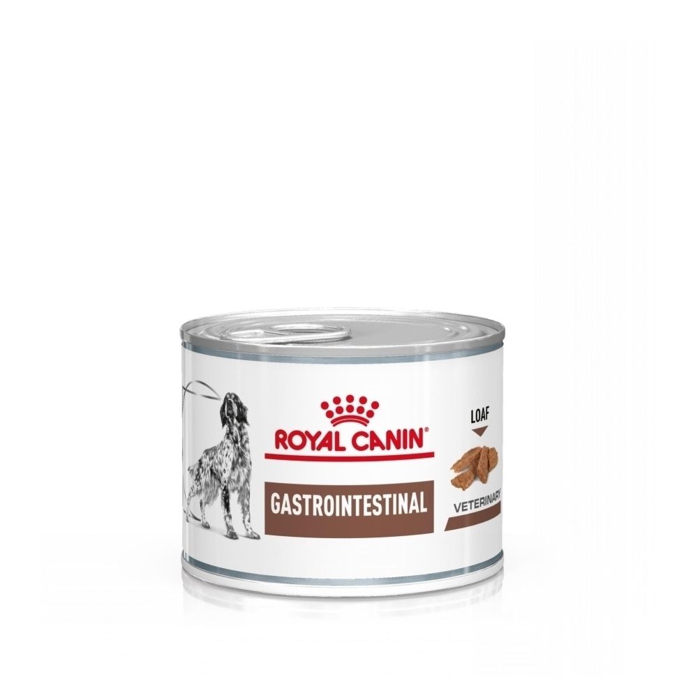 Nourriture Royal Canin Gastrointestinal pour chien en conserve, vue de face avec chien et illustration du produit.