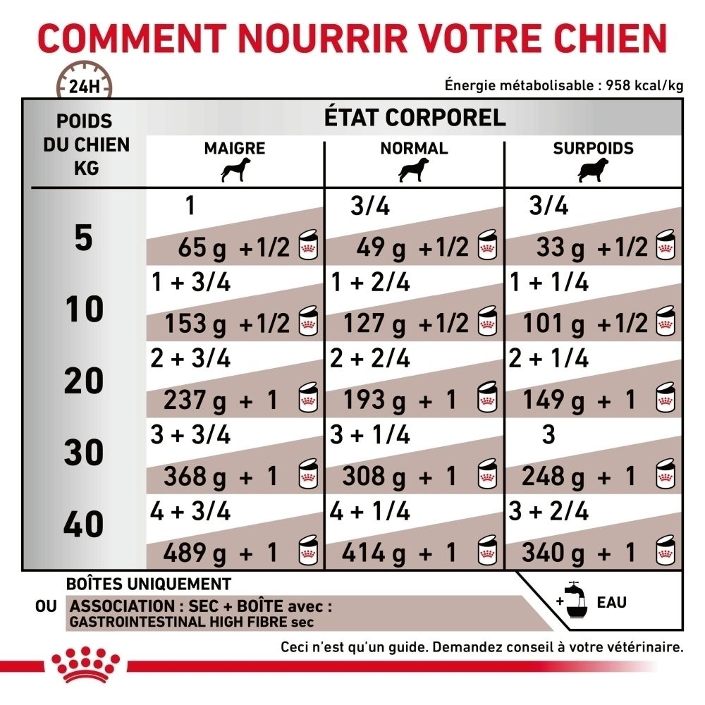 Tableau de nutrition canine : poids, état corporel et quantité de nourriture quotidienne en grammes et en tasses.