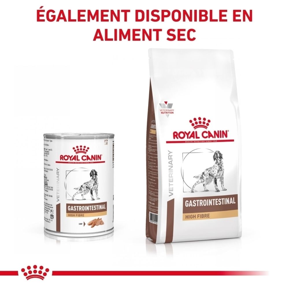 Boîte de nourriture humide Royal Canin Gastrointestinal avec motif de chien et informations produit.
