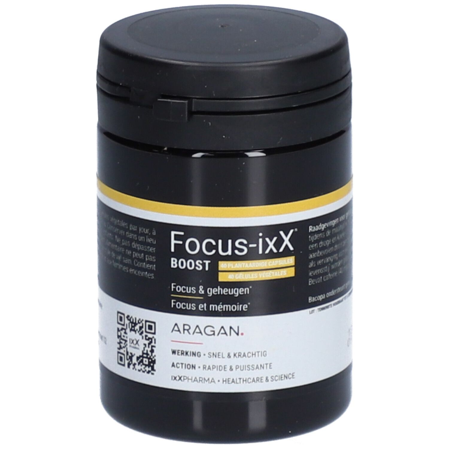 Boîte noire avec bande jaune. Inscription: Focus-ixX BOOST, Focus & mémoire. Marque: ARAGAN. Code QR.