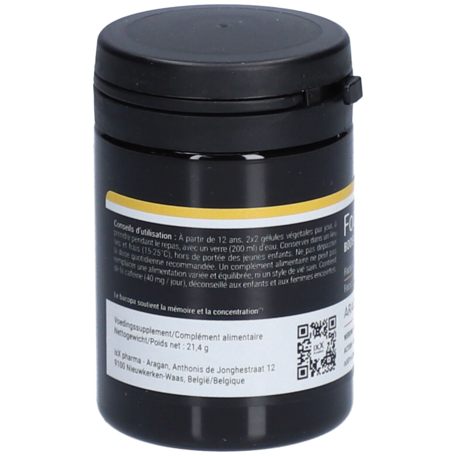 Boîte noire avec bande jaune. Texte: Conseils d'utilisation. Poids net 21,4 g. Adresse: iXX pharma.