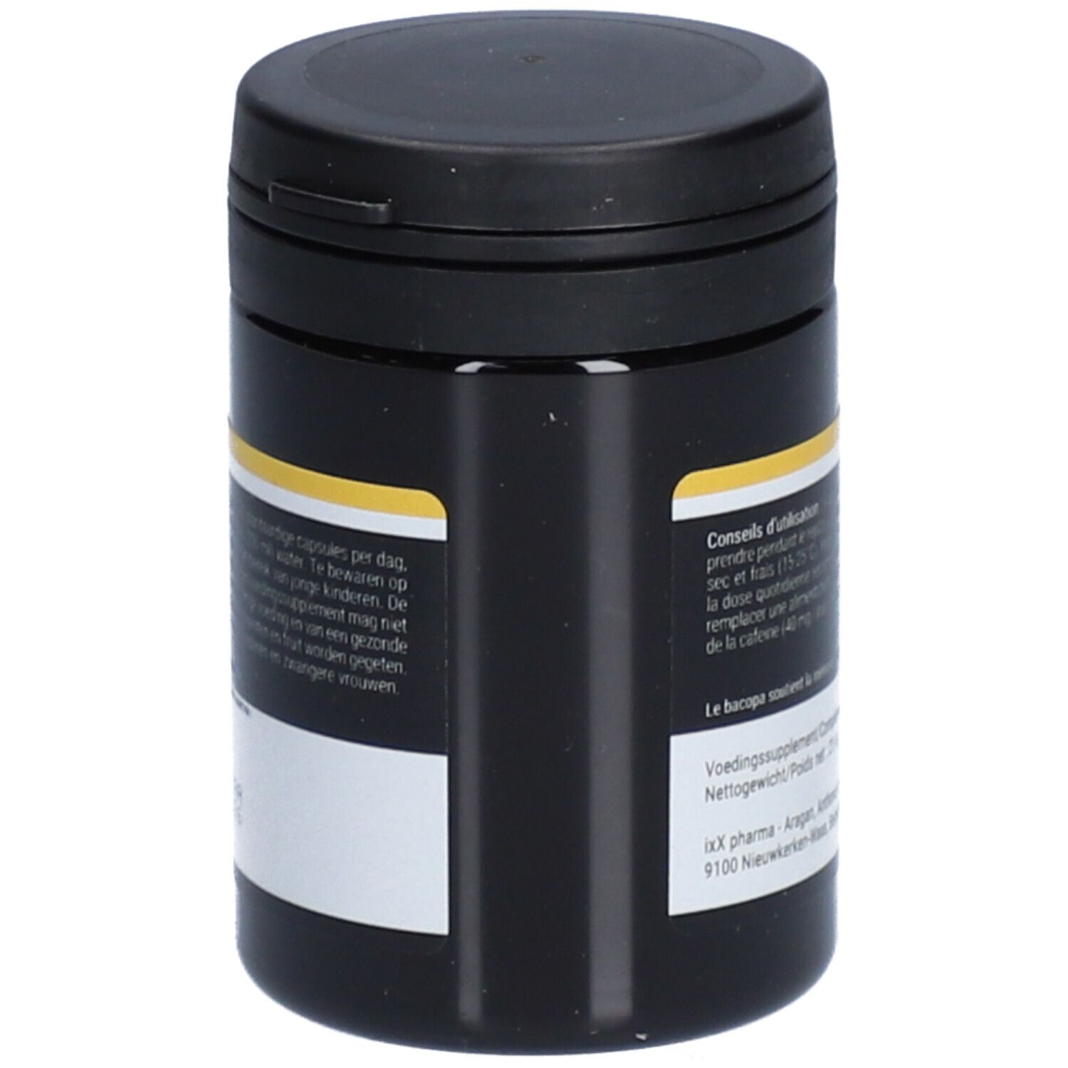 Boîte noire avec bande jaune. Texte: Conseils d'utilisation. iXX pharma.