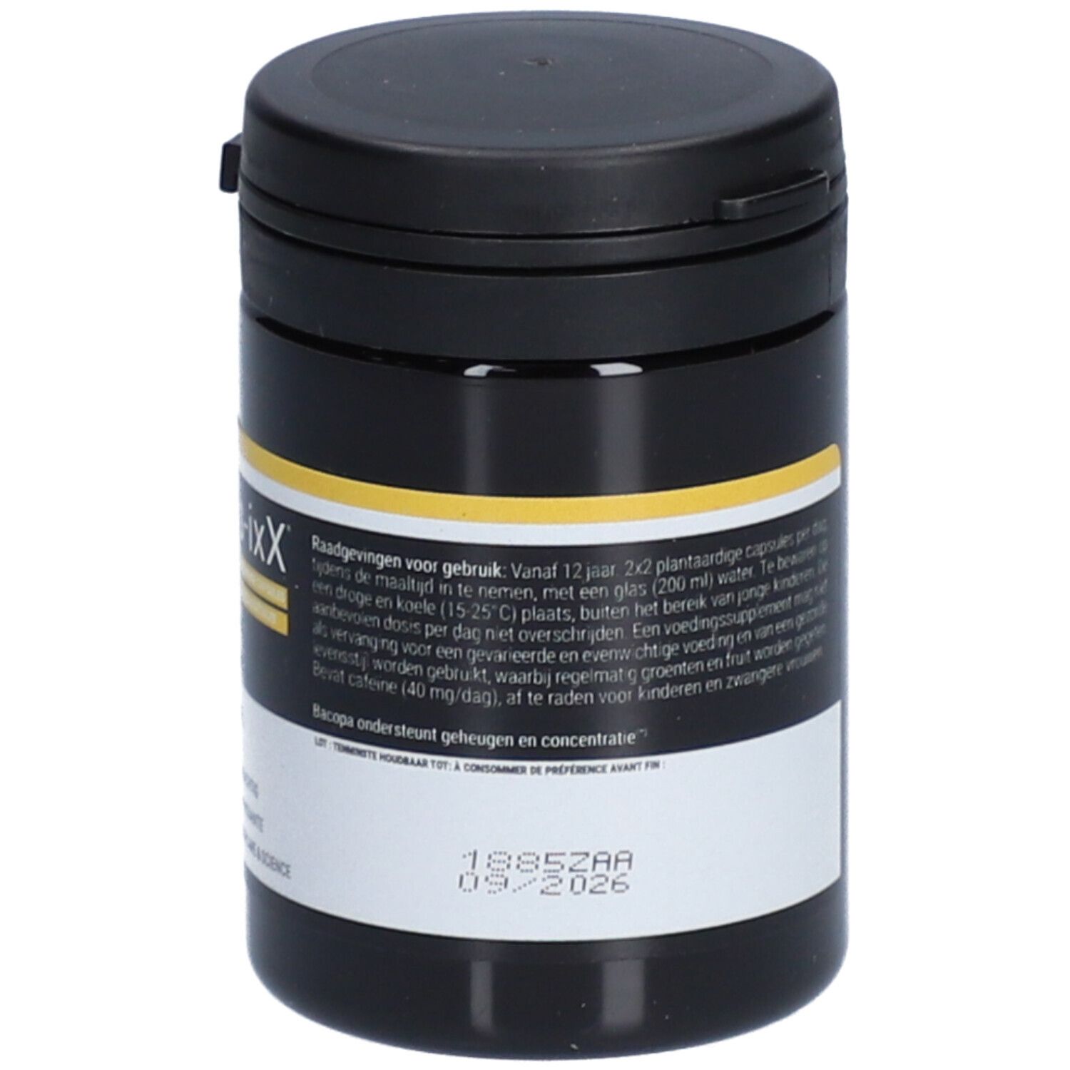 Boîte noire avec bande jaune. Texte: Raadgevingen voor gebruik. Date de péremption: 09/2026. iXX pharma.