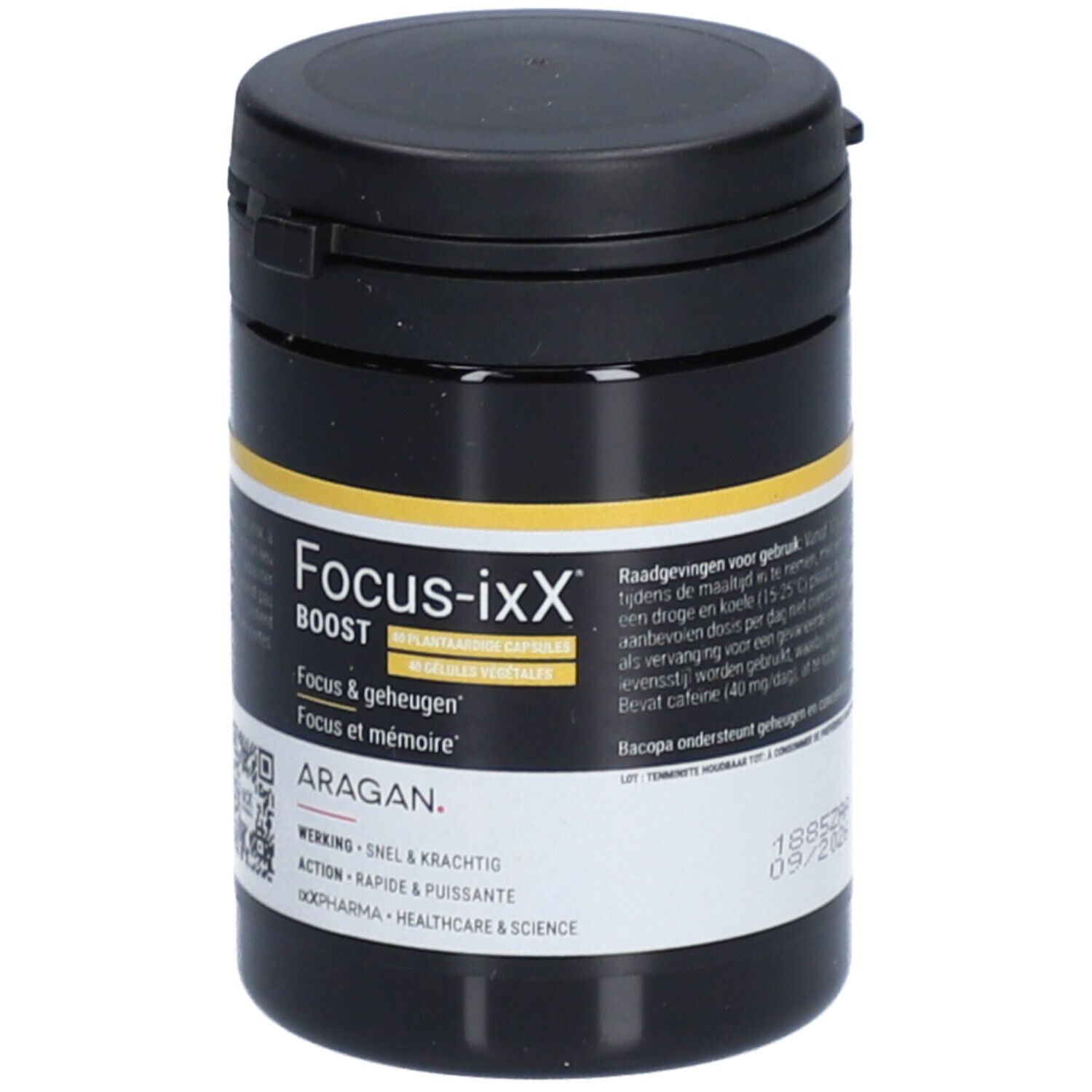 Boîte noire avec bande jaune. Inscription: Focus-ixX BOOST, Focus & mémoire. Marque: ARAGAN.