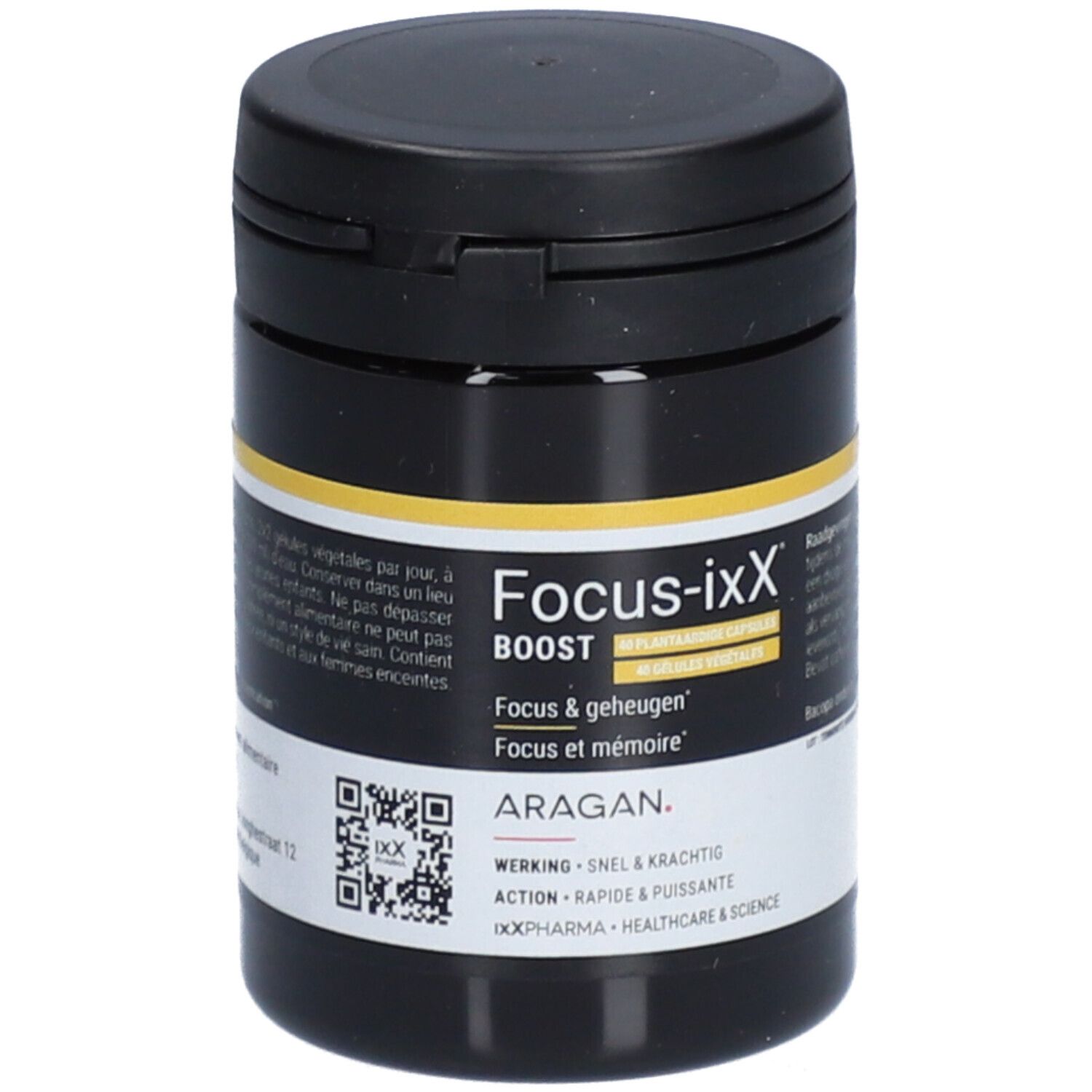 Boîte noire avec bande jaune. Inscription: Focus-ixX BOOST, Focus & mémoire. Marque: ARAGAN. Code QR.