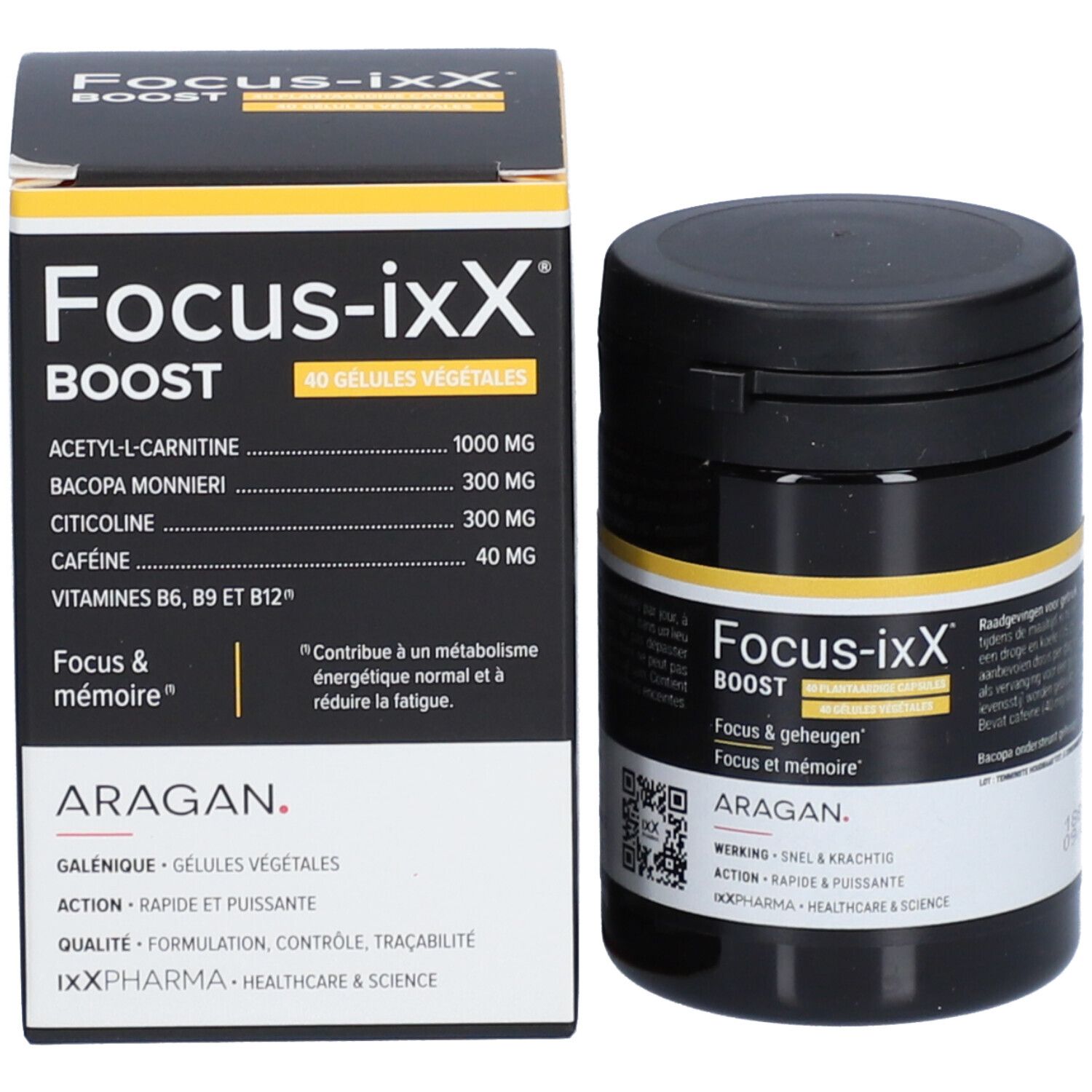 Boîte noire et boîte. Inscription: Focus-ixX BOOST, 40 gélules végétales. Marque: ARAGAN. Ingrédients.
