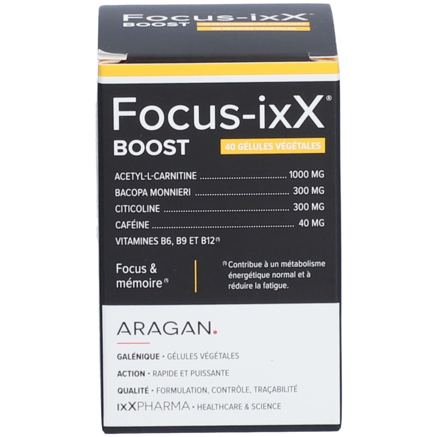 Boîte. Inscription: Focus-ixX BOOST, 40 gélules végétales. Marque: ARAGAN. Ingrédients.