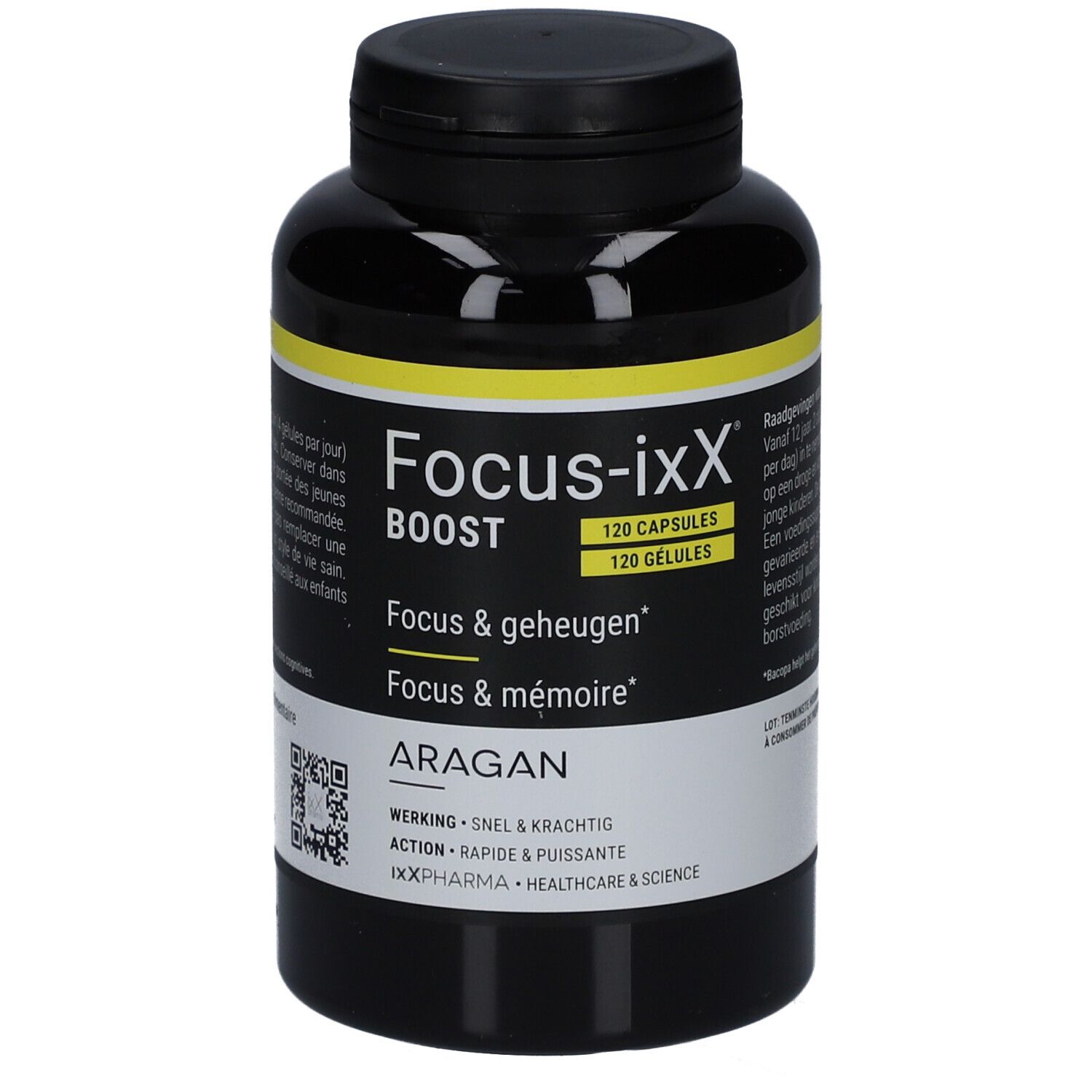 Flacon noir avec étiquette jaune. Contient des gélules. Inscription: Focus-ixX Boost, 120 gélules. Marque: ARAGAN.