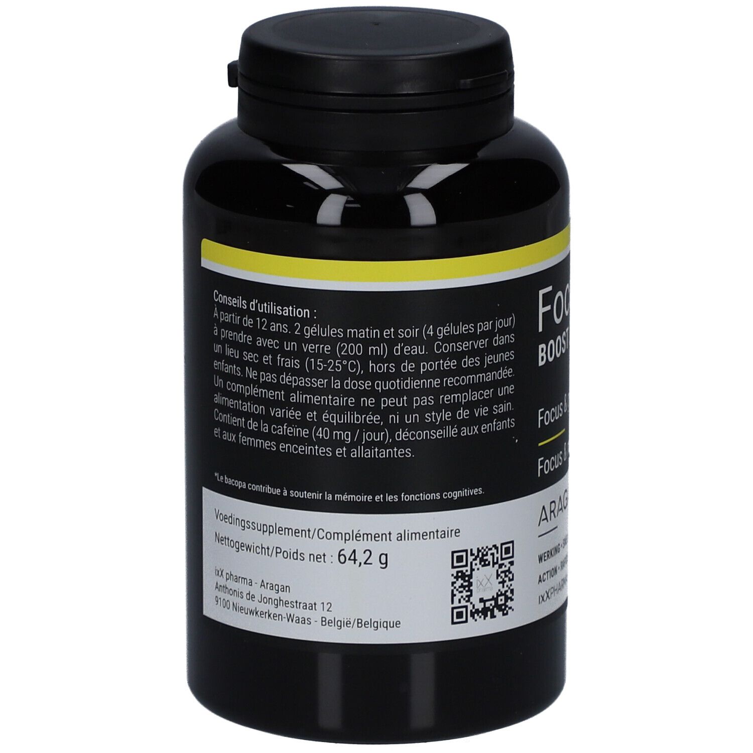 Dos du flacon noir avec étiquette jaune. Texte: Conseils d'utilisation, informations nutritionnelles, poids 64,2 g. Marque: IXX pharma.