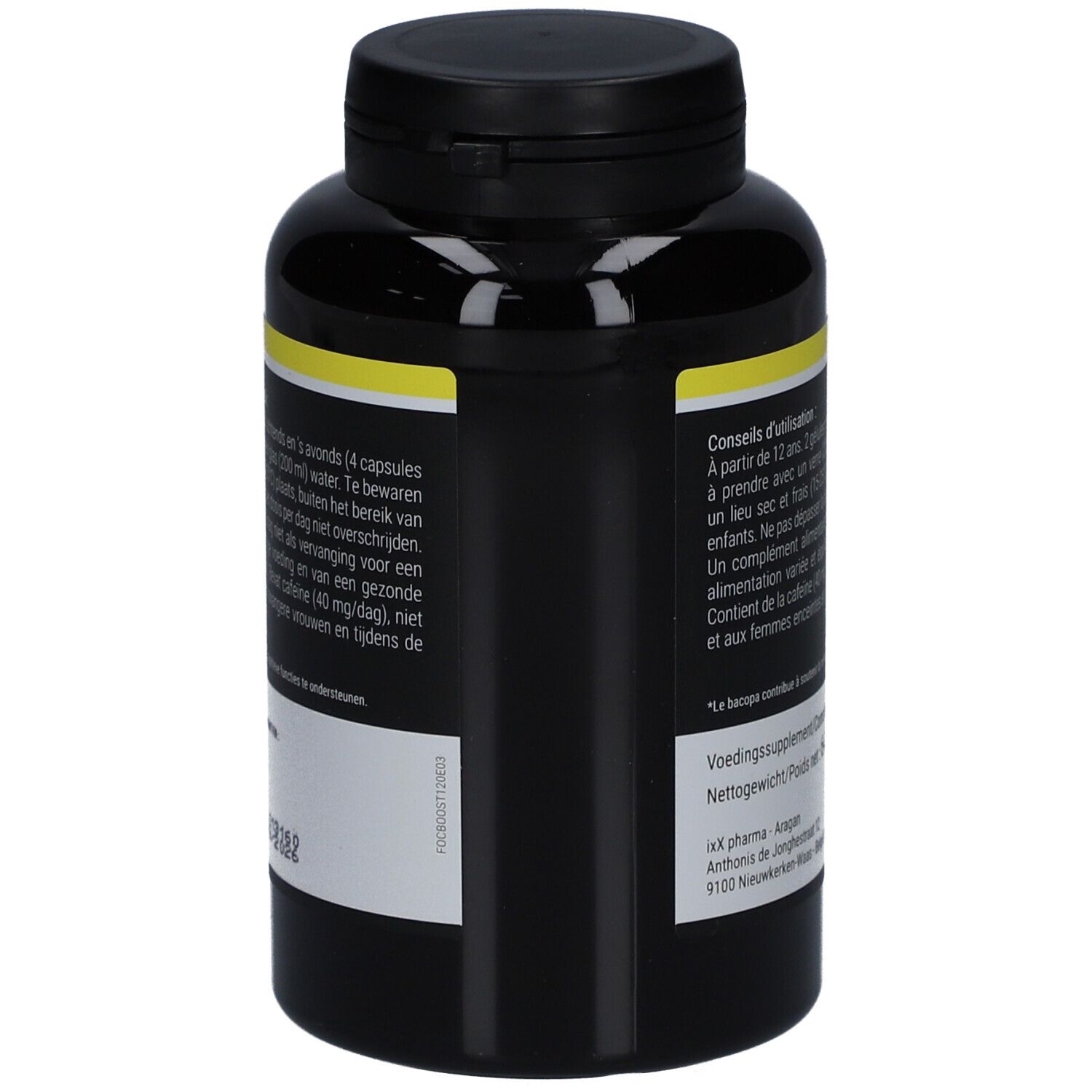 Dos du flacon noir avec étiquette jaune. Texte: Conseils d'utilisation, informations nutritionnelles, poids 64,2 g. Marque: IXX pharma.