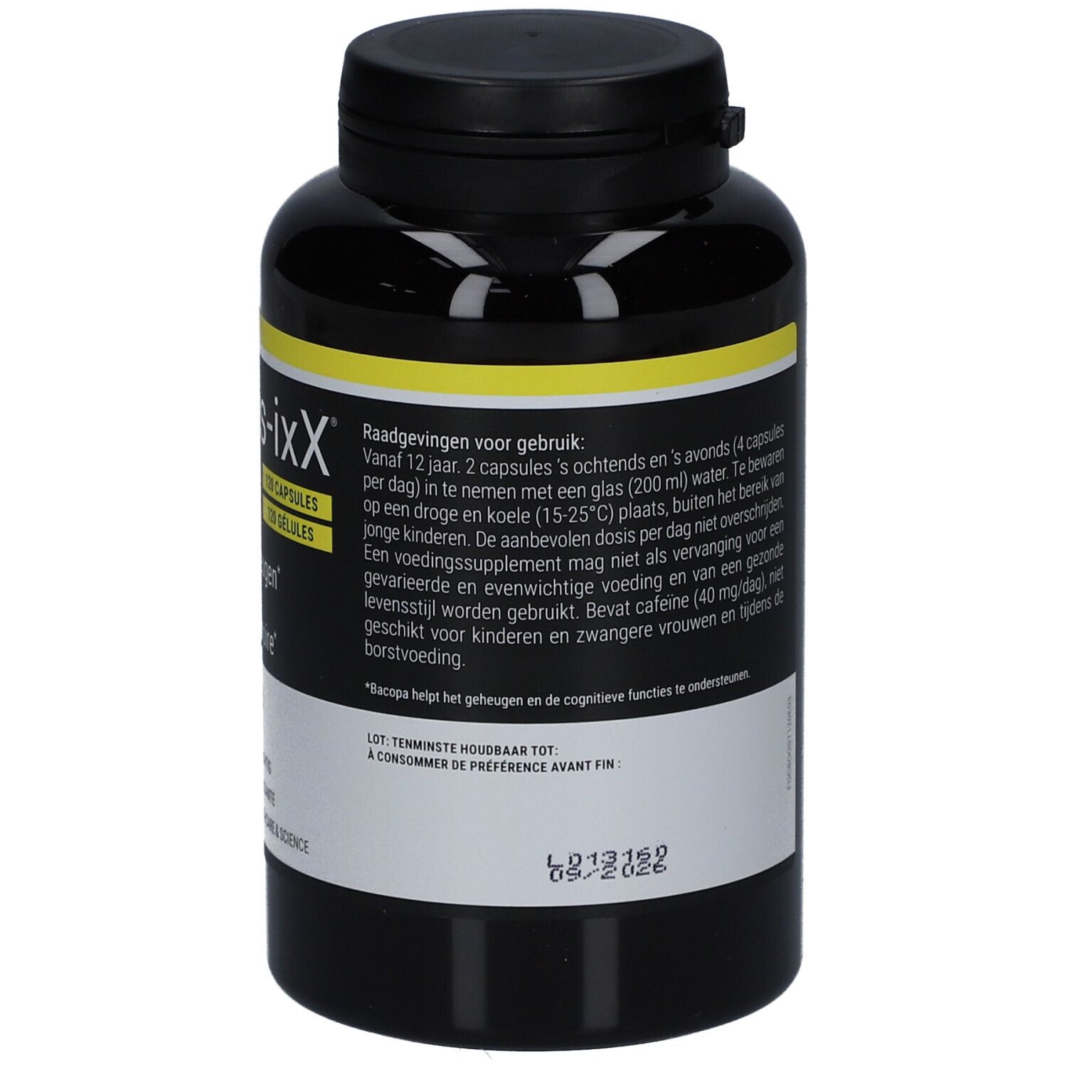 Flacon noir avec étiquette jaune. Texte: Conseils d'utilisation. Marque: Focus-ixX Boost, 120 gélules. Marque: ARAGAN.