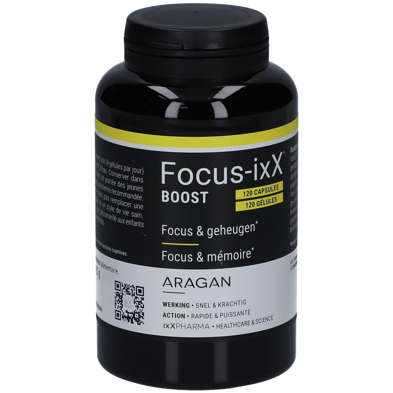 Flacon noir avec étiquette jaune. Contient des gélules. Inscription: Focus-ixX Boost, 120 gélules. Marque: ARAGAN.