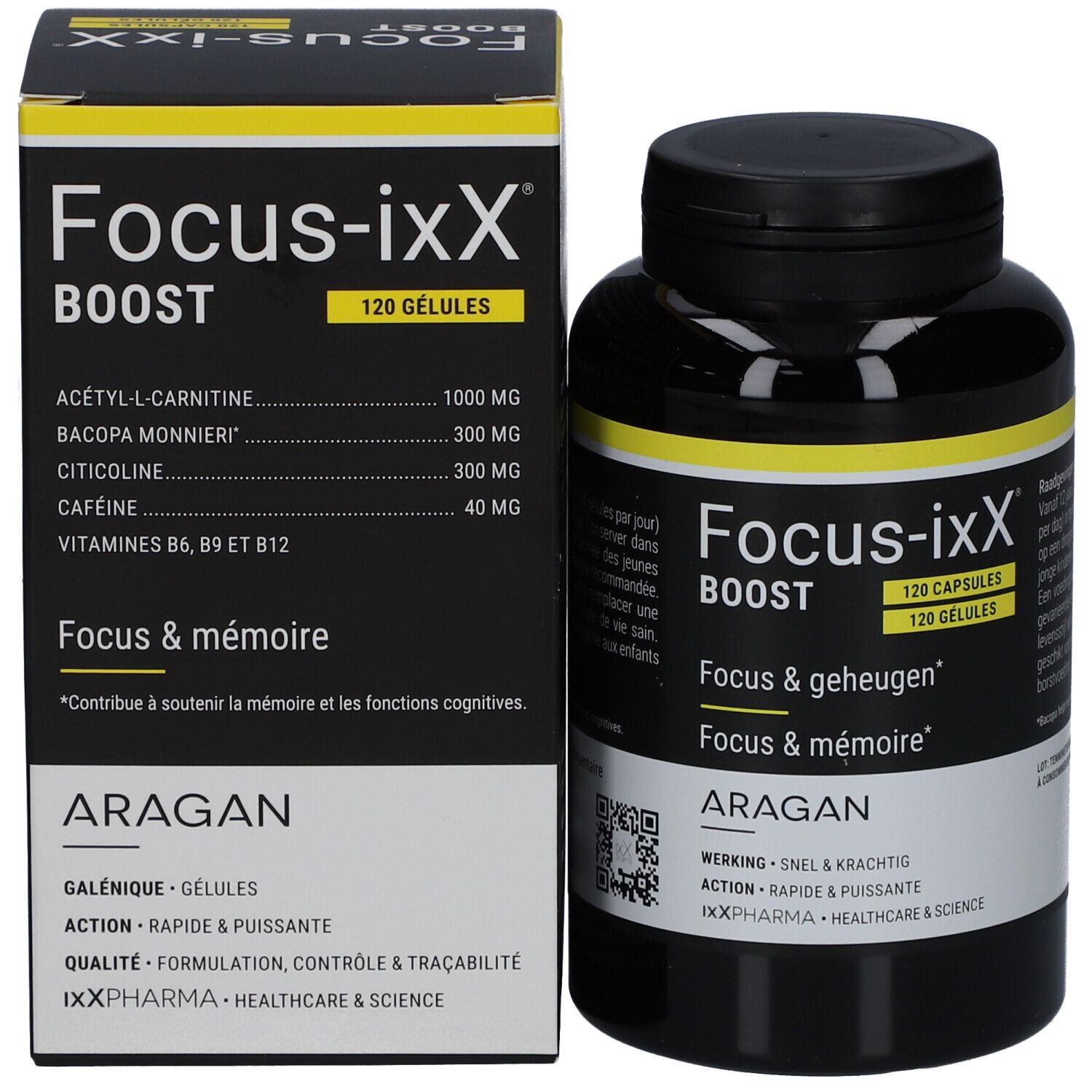 Emballage et flacon du produit. Emballage: Focus-ixX Boost, 120 gélules. Ingrédients: Acétyl-L-carnitine, Bacopa Monnieri, Citicoline, Caféine.