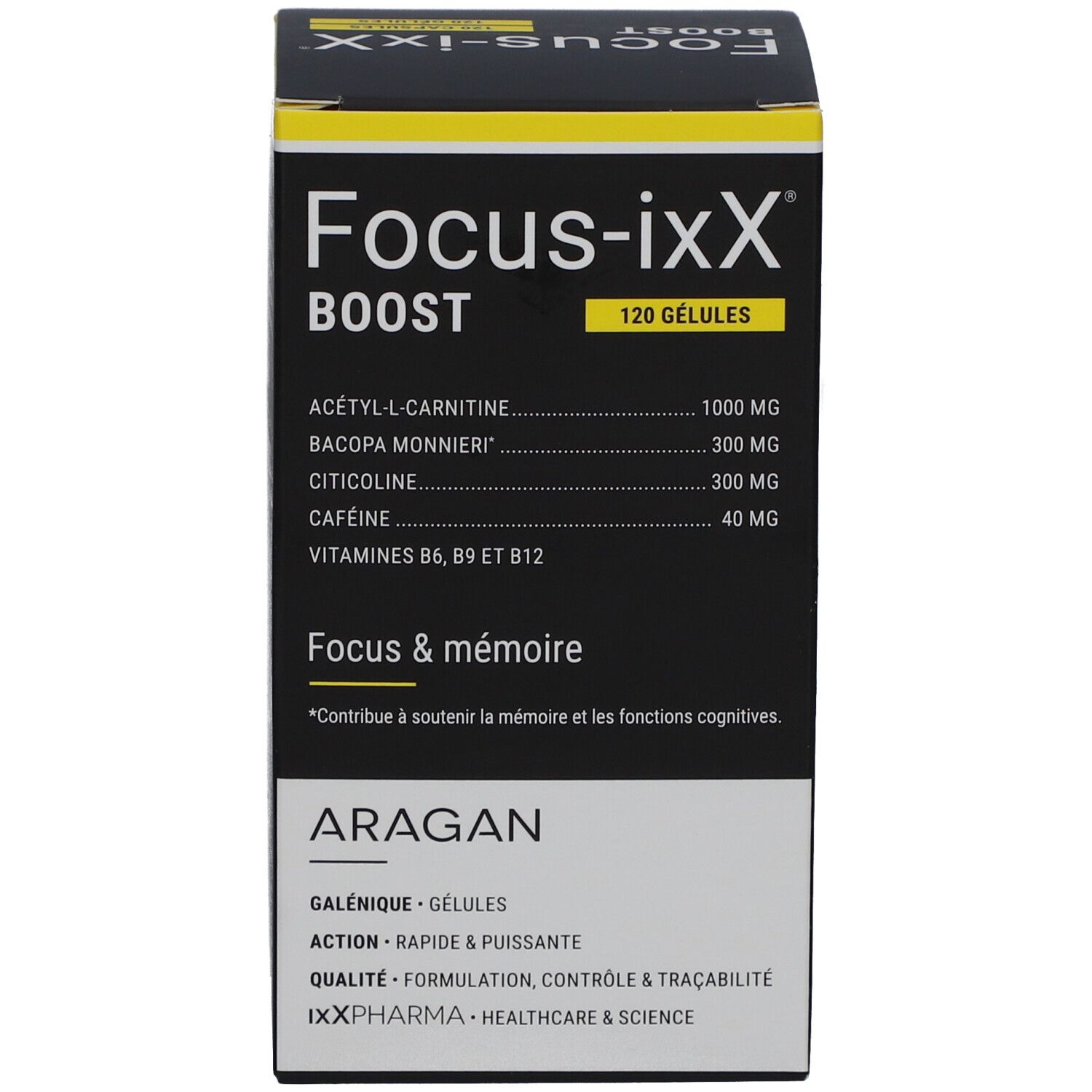 Emballage du produit. Inscription: Focus-ixX Boost, 120 gélules. Ingrédients: Acétyl-L-carnitine, Bacopa Monnieri, Citicoline, Caféine.