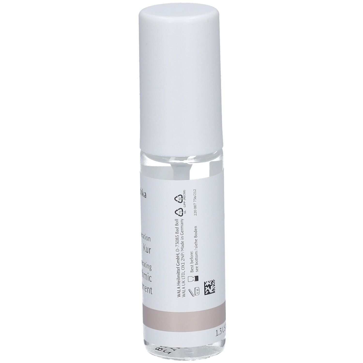 Flacon cylindrique blanc. Étiquette avec nom et logo du produit. Informations de fabrication.