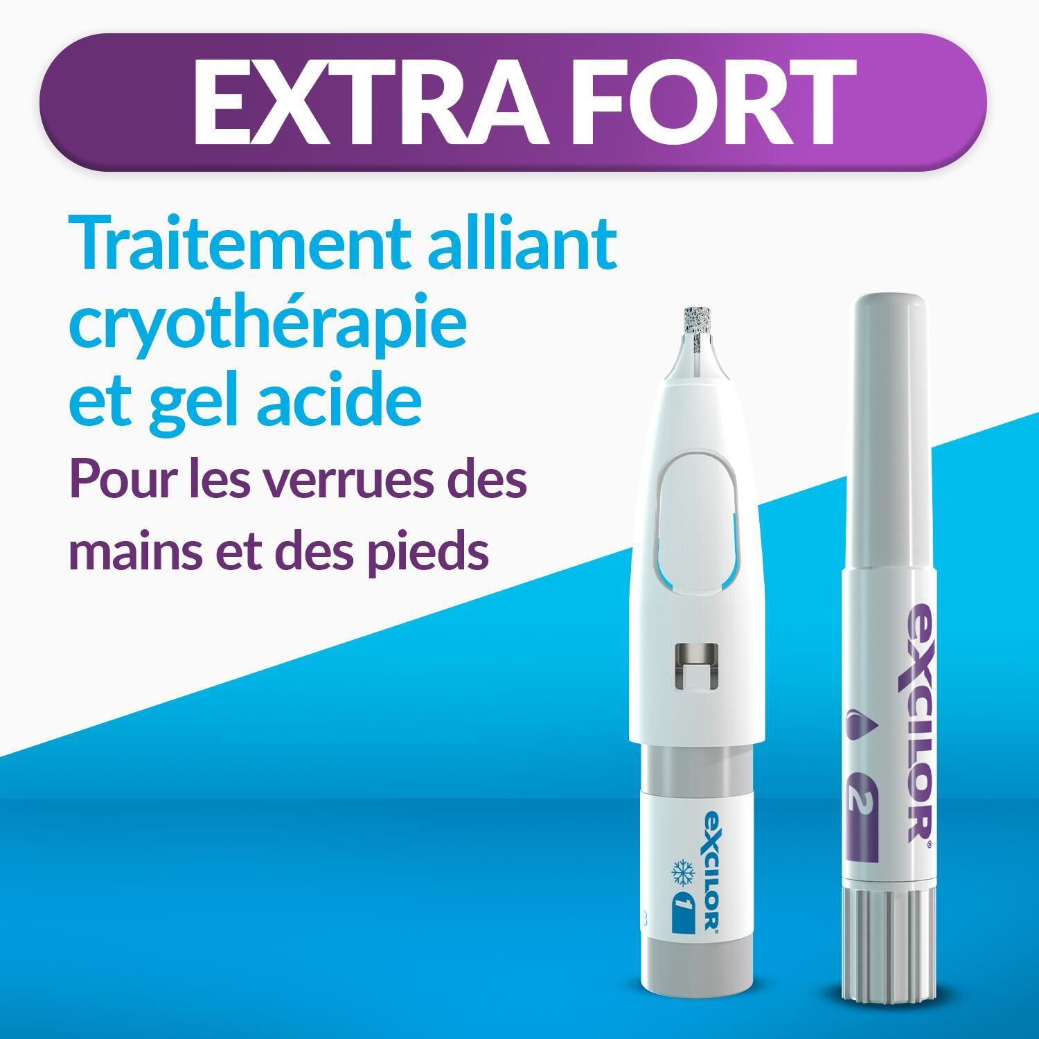 Deux applicateurs. Un avec pointe rugueuse, l'autre pointue. Texte : Extra Fort.