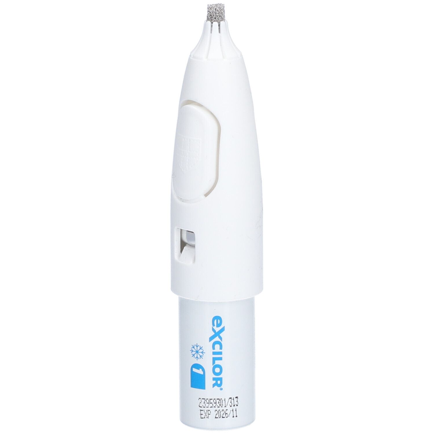 Applicateur blanc avec pointe rugueuse et bouton. Logo Excilor et symbole cryo.