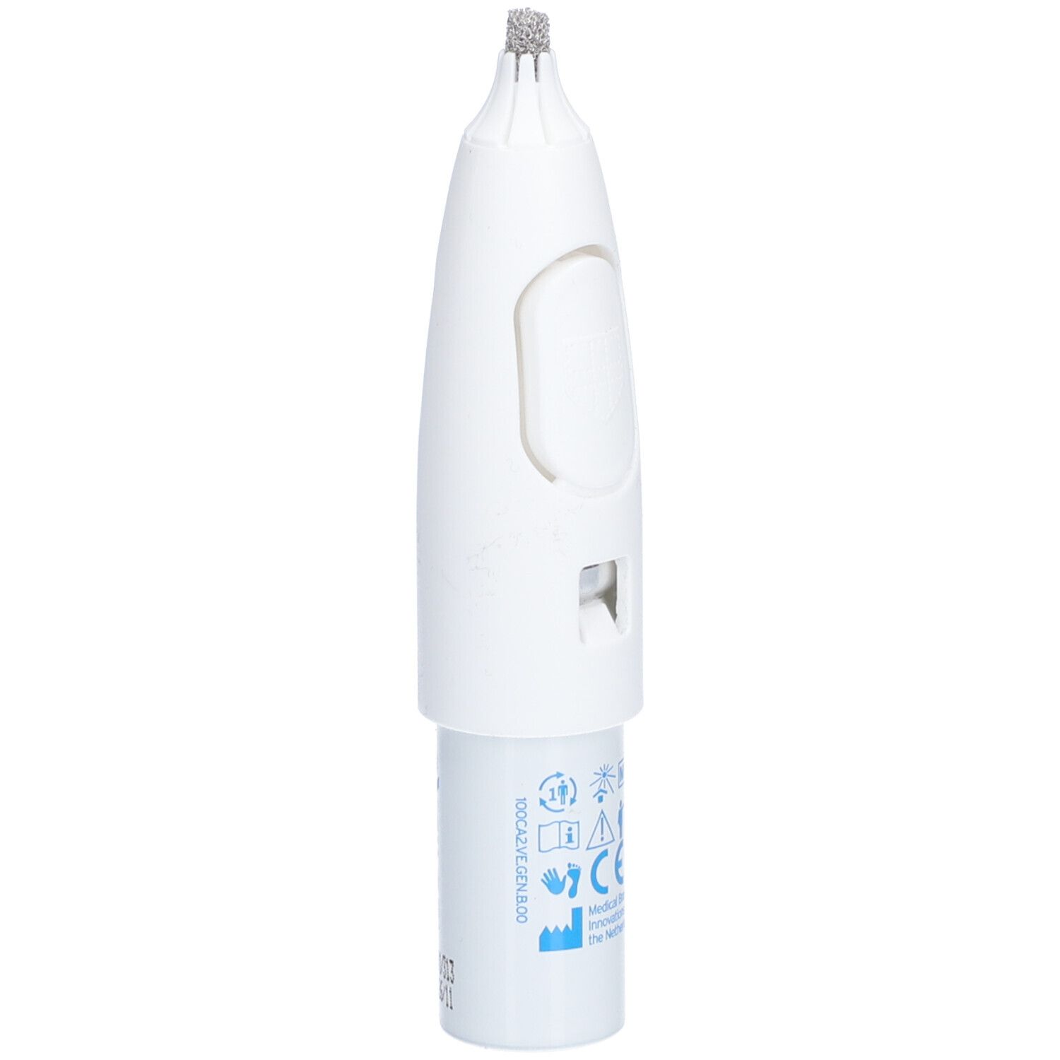 Applicateur blanc avec pointe rugueuse et bouton. Symboles d'avertissement et marquage CE.
