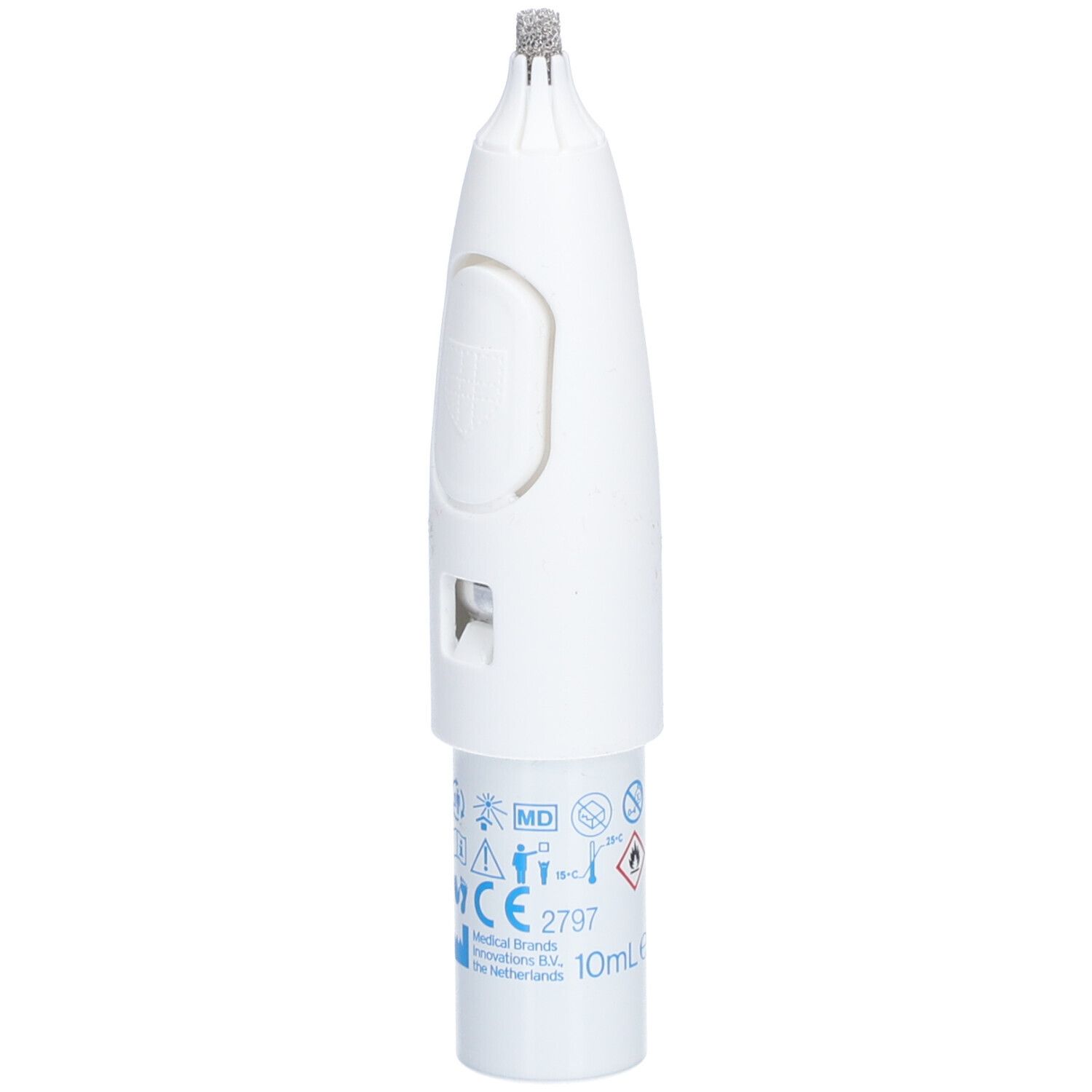 Applicateur blanc avec pointe rugueuse et bouton. Symboles d'avertissement et indication 10ml.