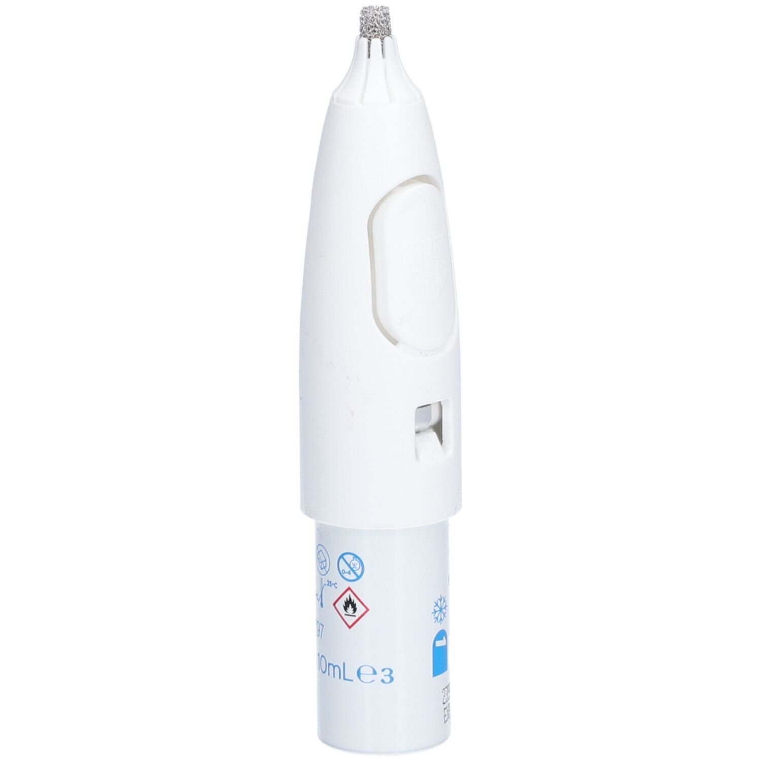 Applicateur blanc avec pointe rugueuse et bouton. Symboles d'avertissement et indication 10ml.