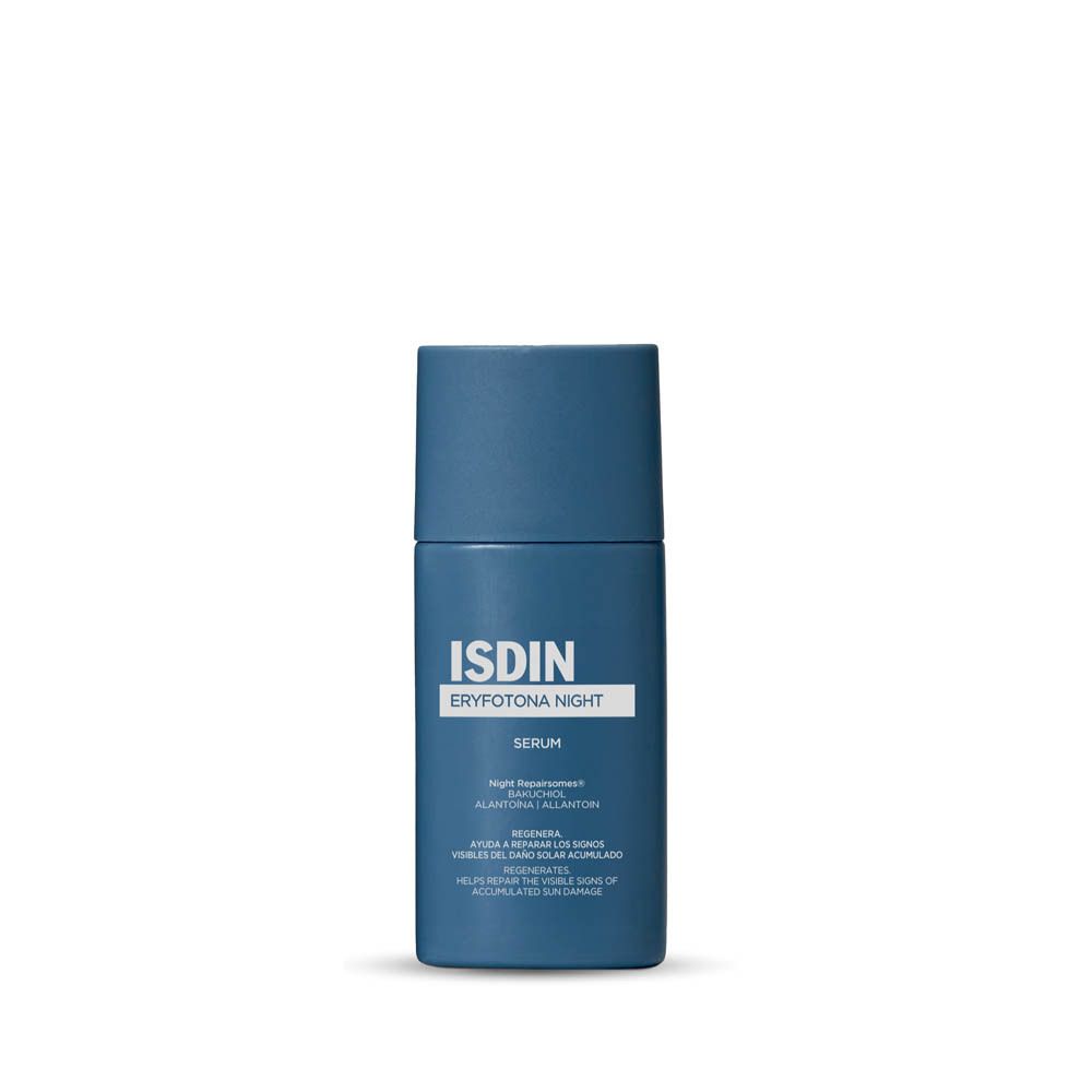 Flacon bleu ISDIN Eryfotona Night Serum. Inscription blanche. Forme cylindrique avec bouchon.
