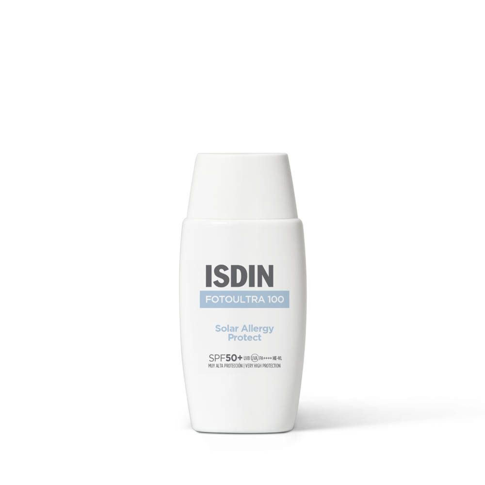 Flacon blanc ISDIN. Texte: FOTULTRA 100, Solar Allergy Protect, SPF50+. Protection solaire.