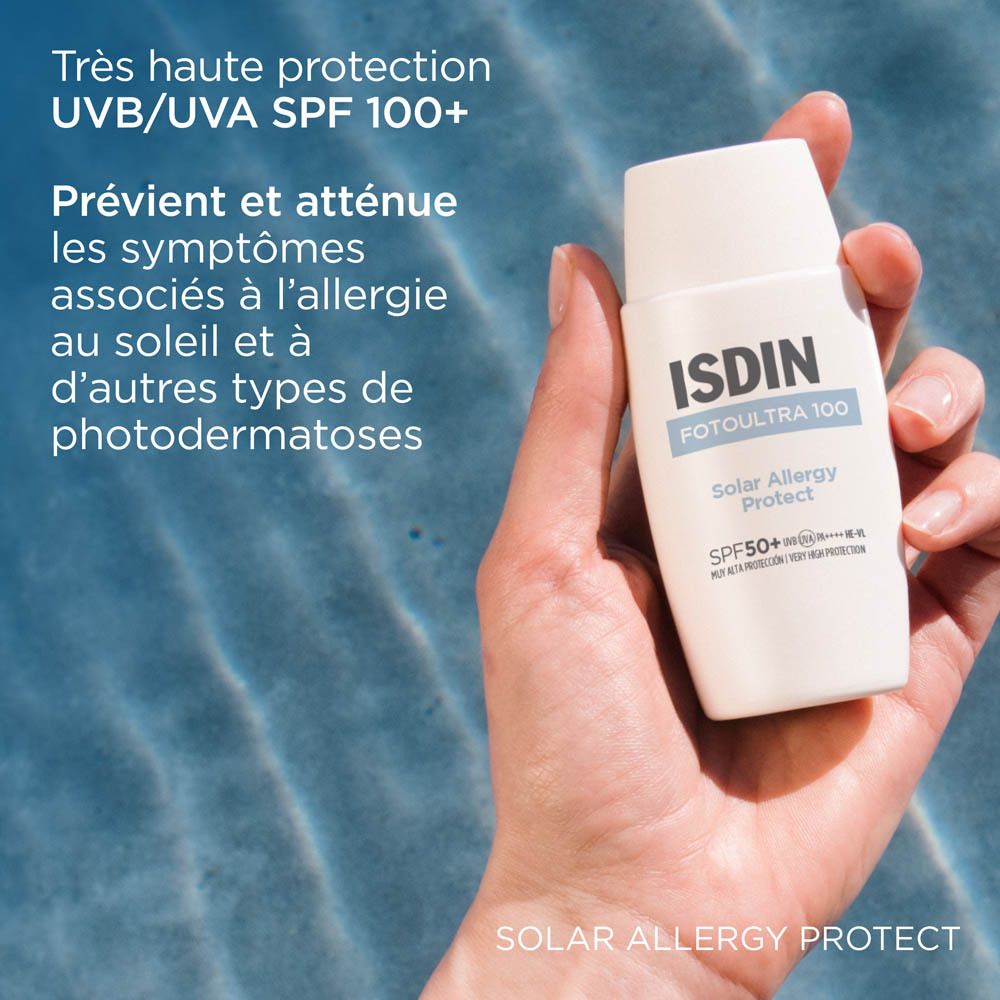 Emballage avec produit. Texte: ISDIN, FOTULTRA 100, Solar Allergy Protect, SPF100+.