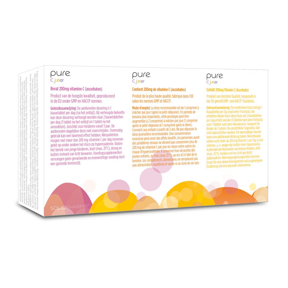 Dos de la boîte pure® C junior. Texte en trois langues. Illustrations colorées.