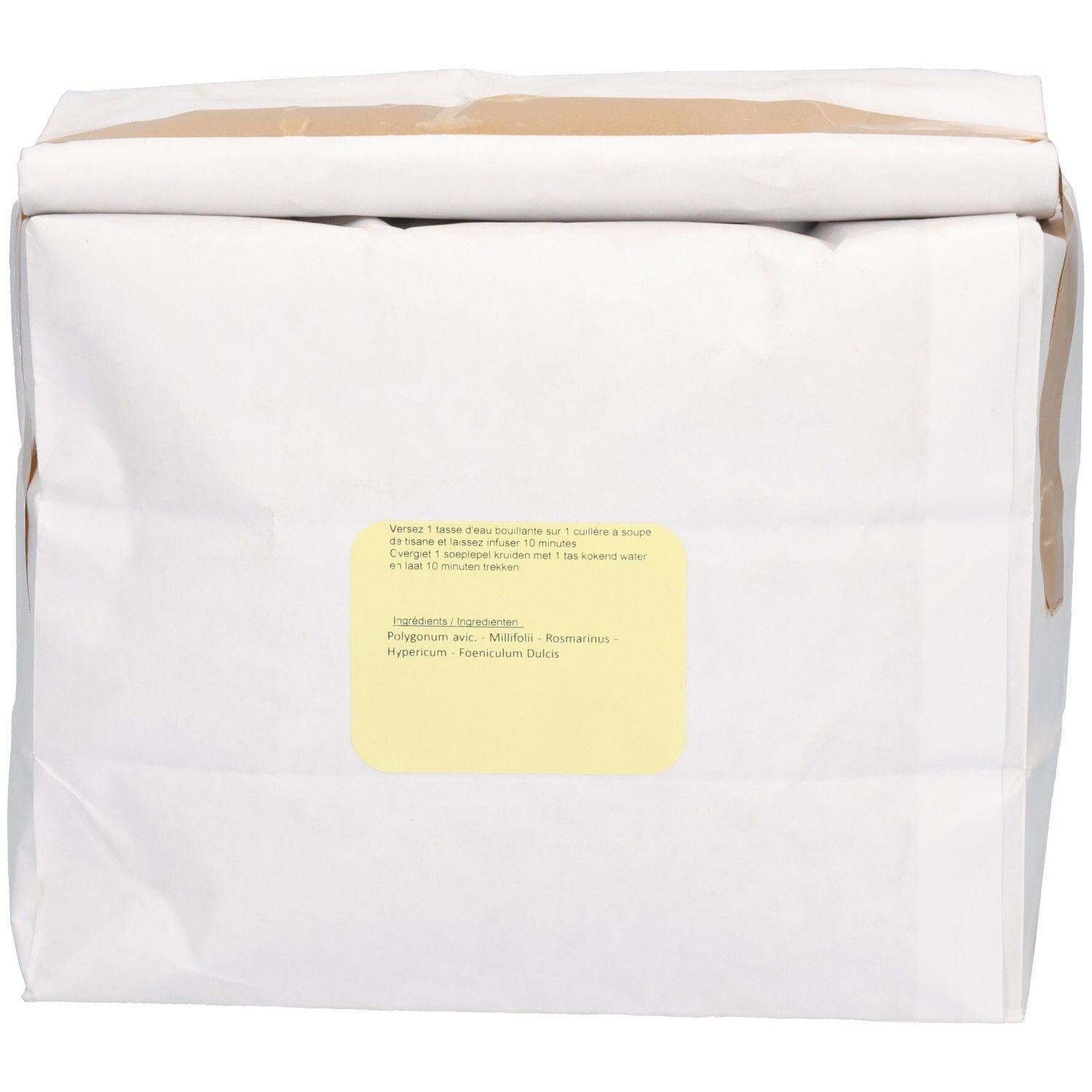 Sac en papier blanc avec étiquette jaune. Étiquette avec texte. Inscription : Tisane Maagzuur. Instructions.