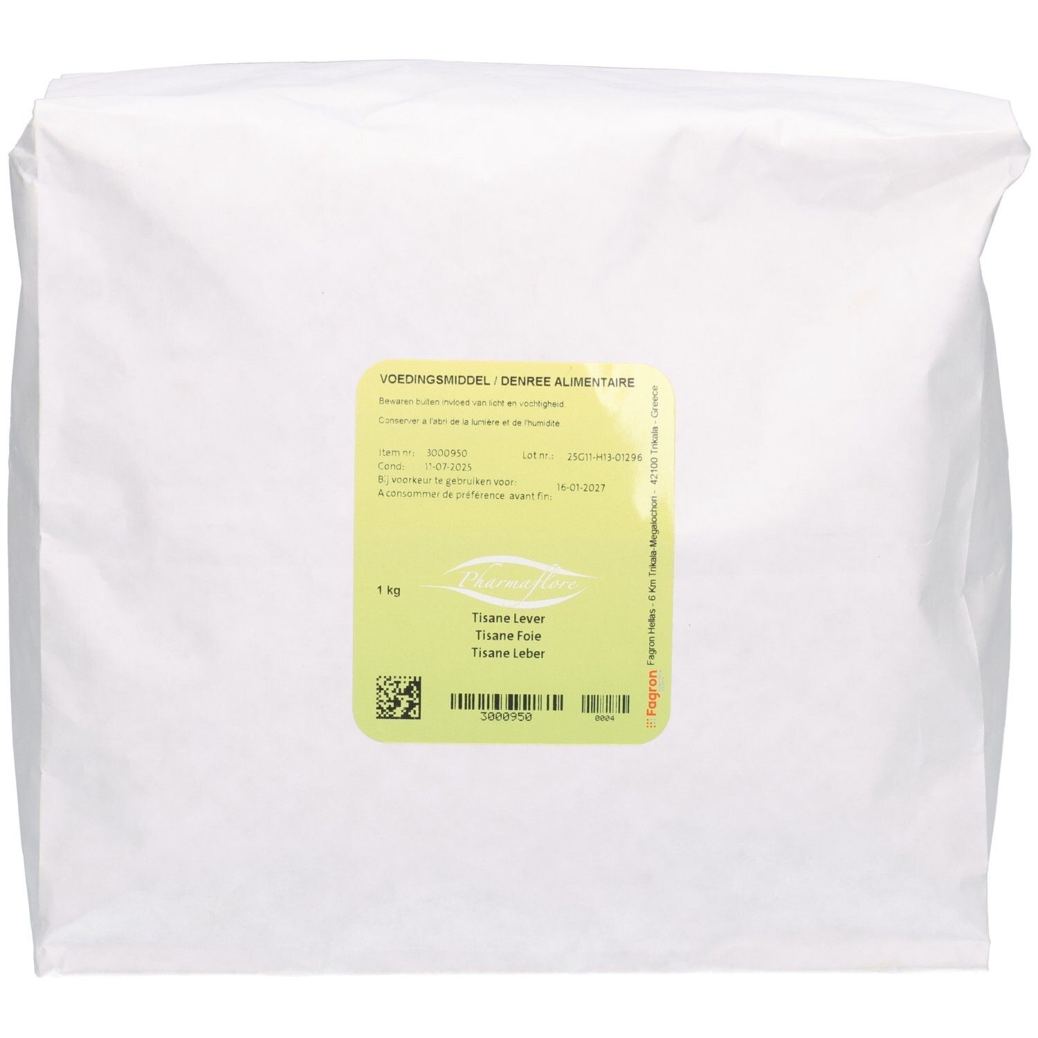 Sac blanc avec étiquette jaune. Inscription: Pharmaflore Tisane Lever, 1 kg. Code-barres et autres informations.
