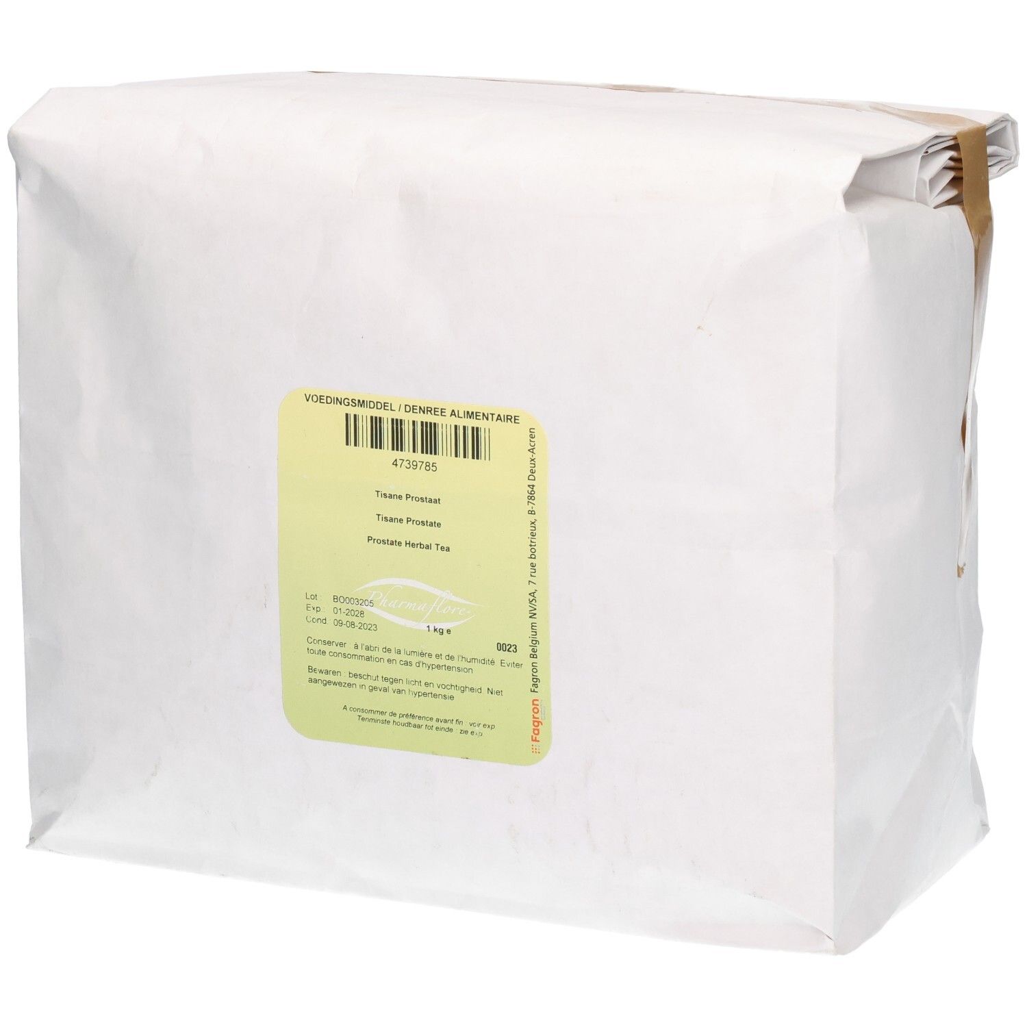Sac en papier blanc avec étiquette. Étiquette avec texte: Tisane Prostaat, Prostate Herbal Tea. Ruban adhésif brun.