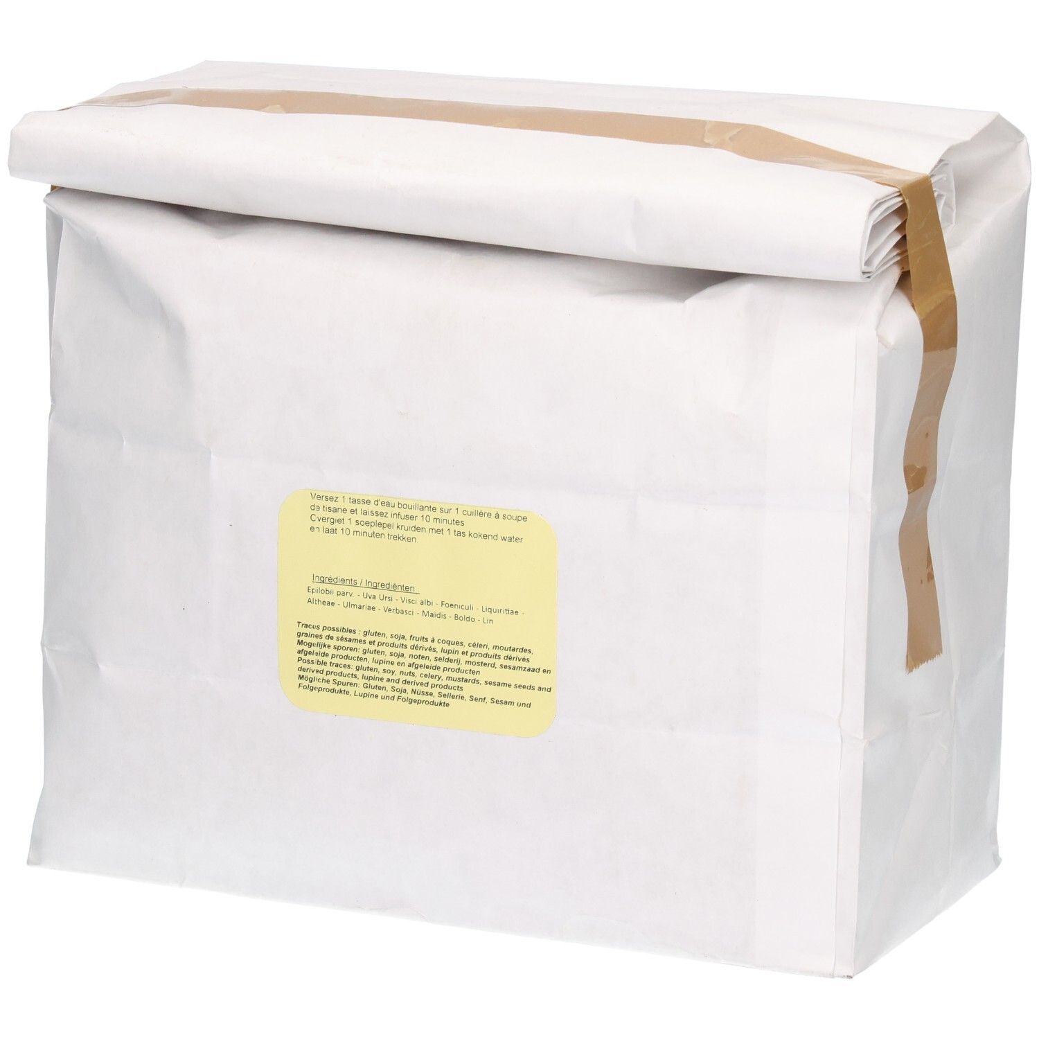 Sac en papier blanc avec fermeture pliée, fermé avec du ruban adhésif brun. Étiquette avec texte.