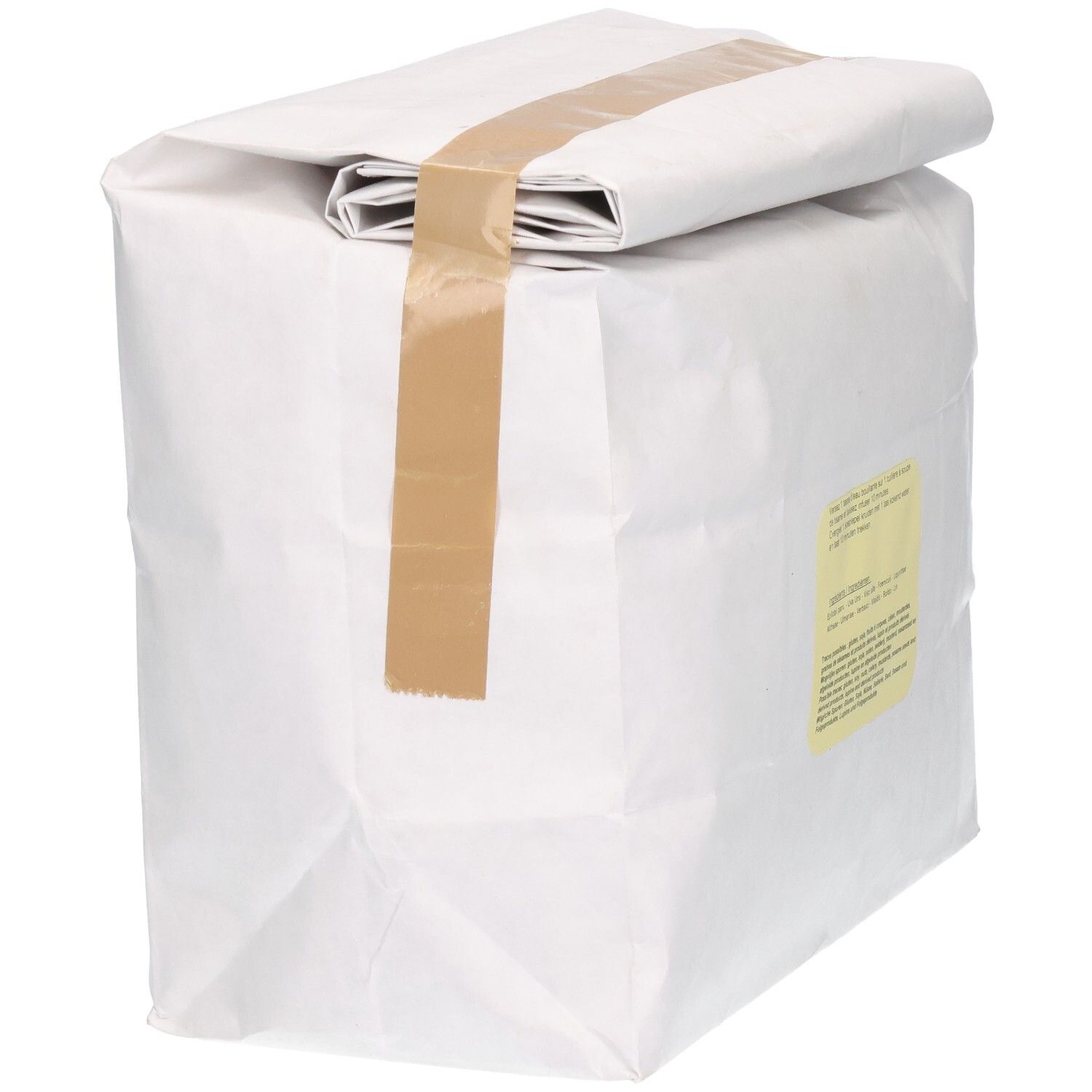 Sac en papier blanc avec fermeture pliée, fermé avec du ruban adhésif brun. Étiquette avec texte.