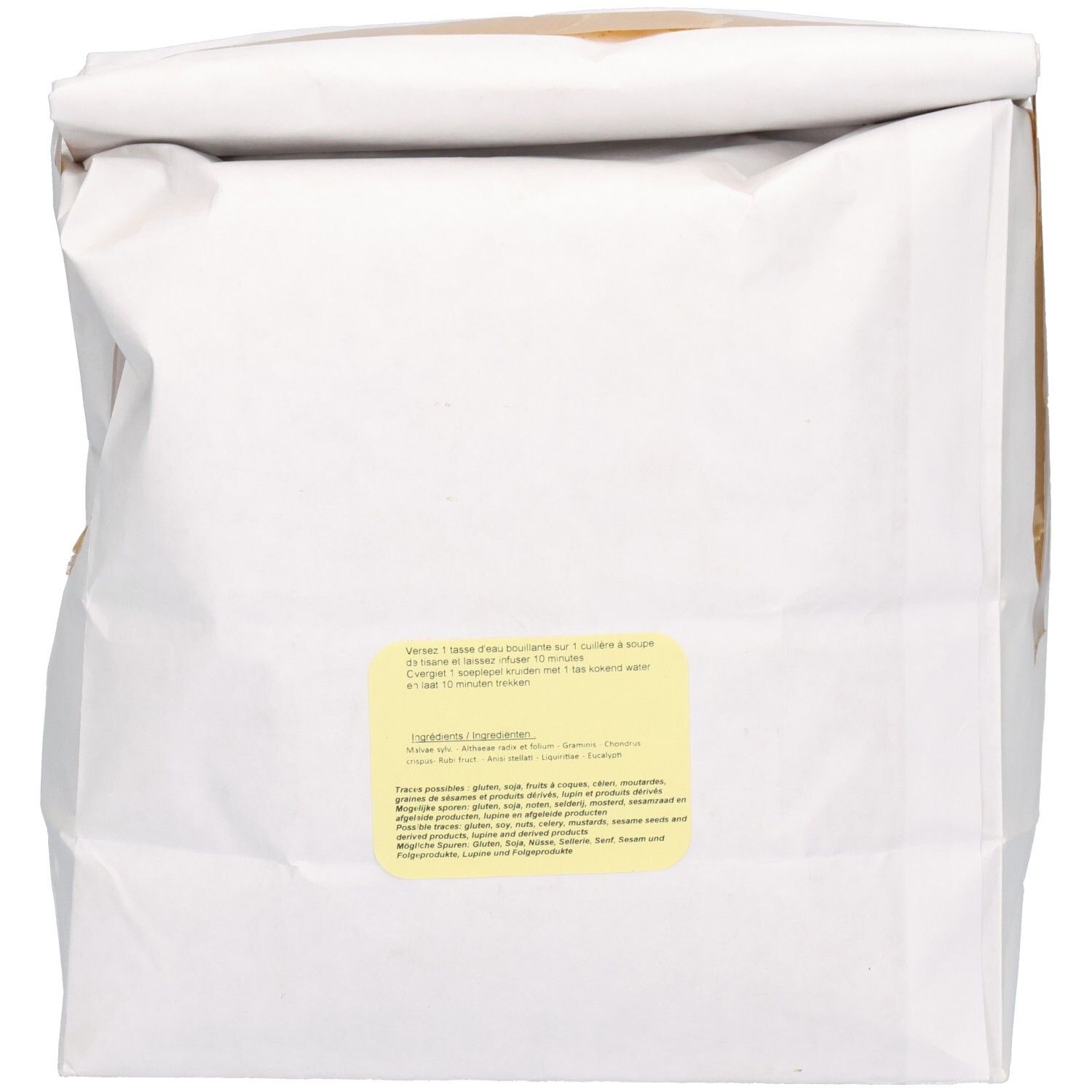 Dos d'un sac blanc avec étiquette jaune. Texte en français et néerlandais. Liste des ingrédients.