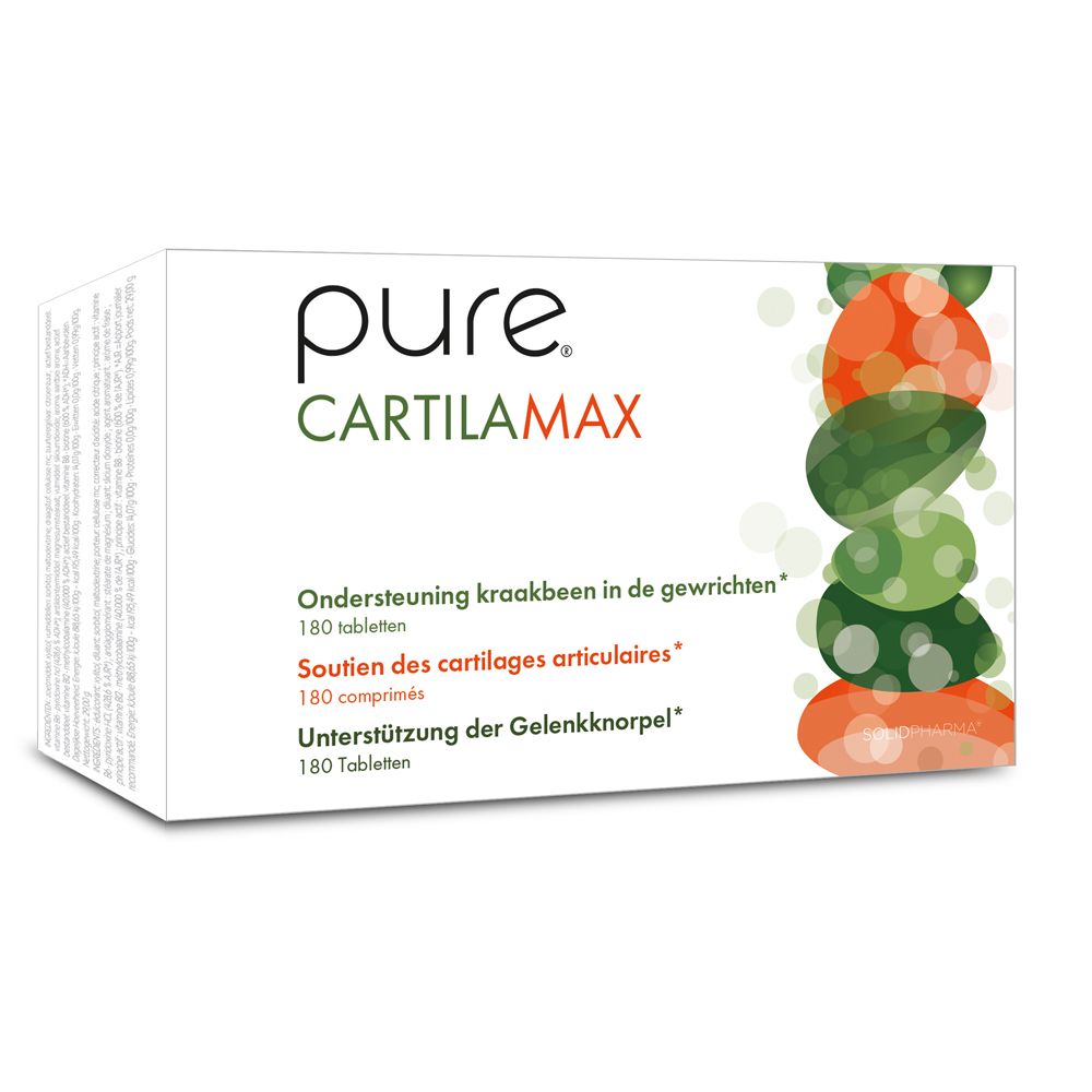 Boîte blanche pure® Cartilamax. Texte en néerlandais, français et allemand. 180 comprimés.