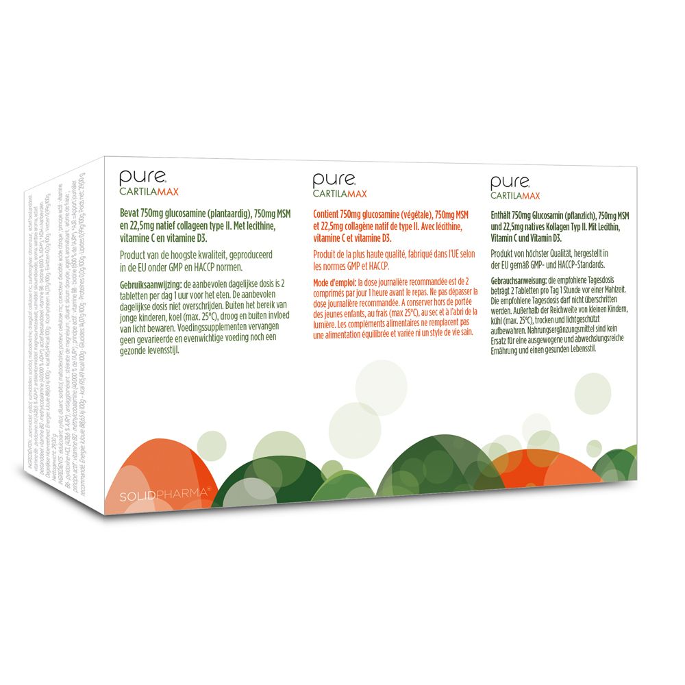 Dos de la boîte blanche pure® Cartilamax. Texte multilingue. Ingrédients et utilisation.