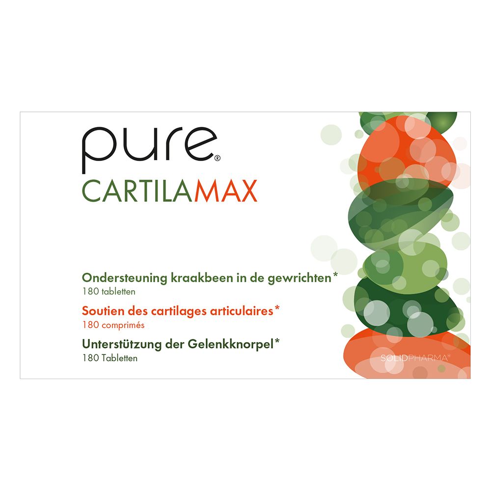 Dos de la boîte blanche pure® Cartilamax. Texte multilingue. Ingrédients et utilisation.