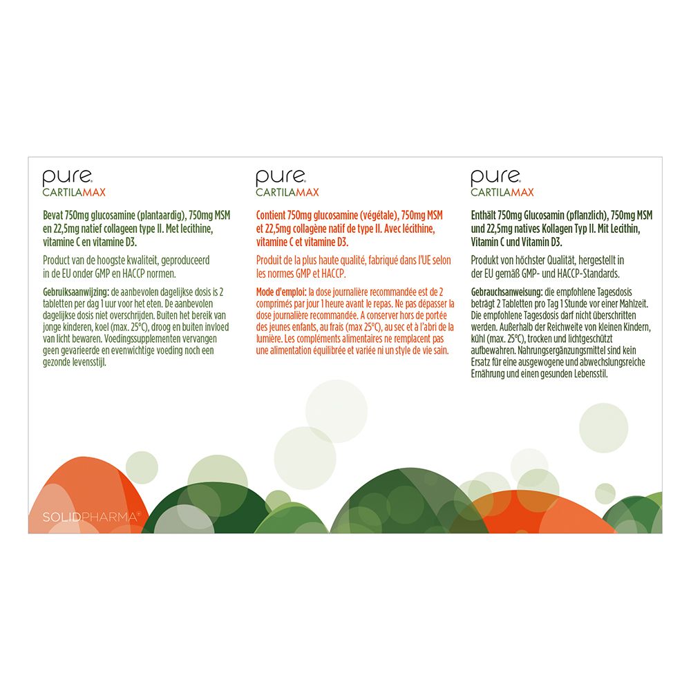Dos de la boîte blanche pure® Cartilamax. Texte multilingue. Ingrédients et utilisation.